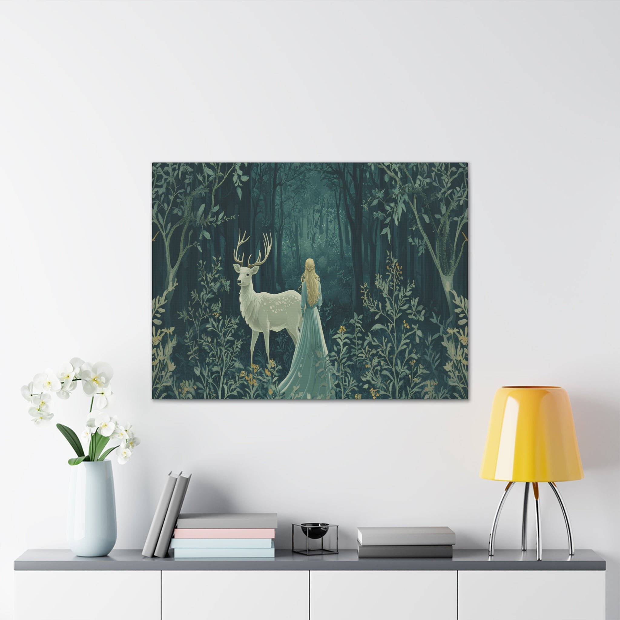 Enchanted Forest Stag & Maiden Canvas Wall Art Mystical Woodland Nature Lover Home Décor
