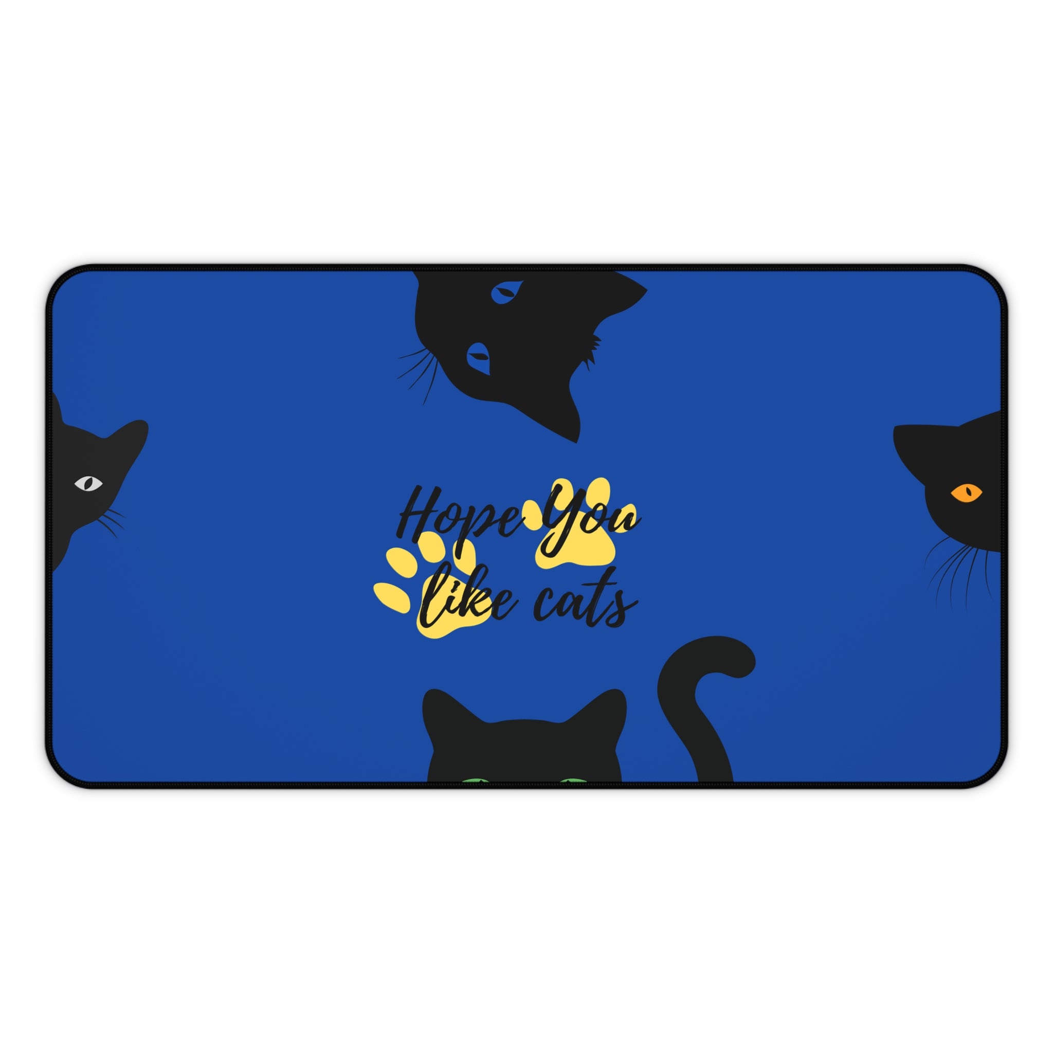cute cat themed desk mat with green and blue eyed cats