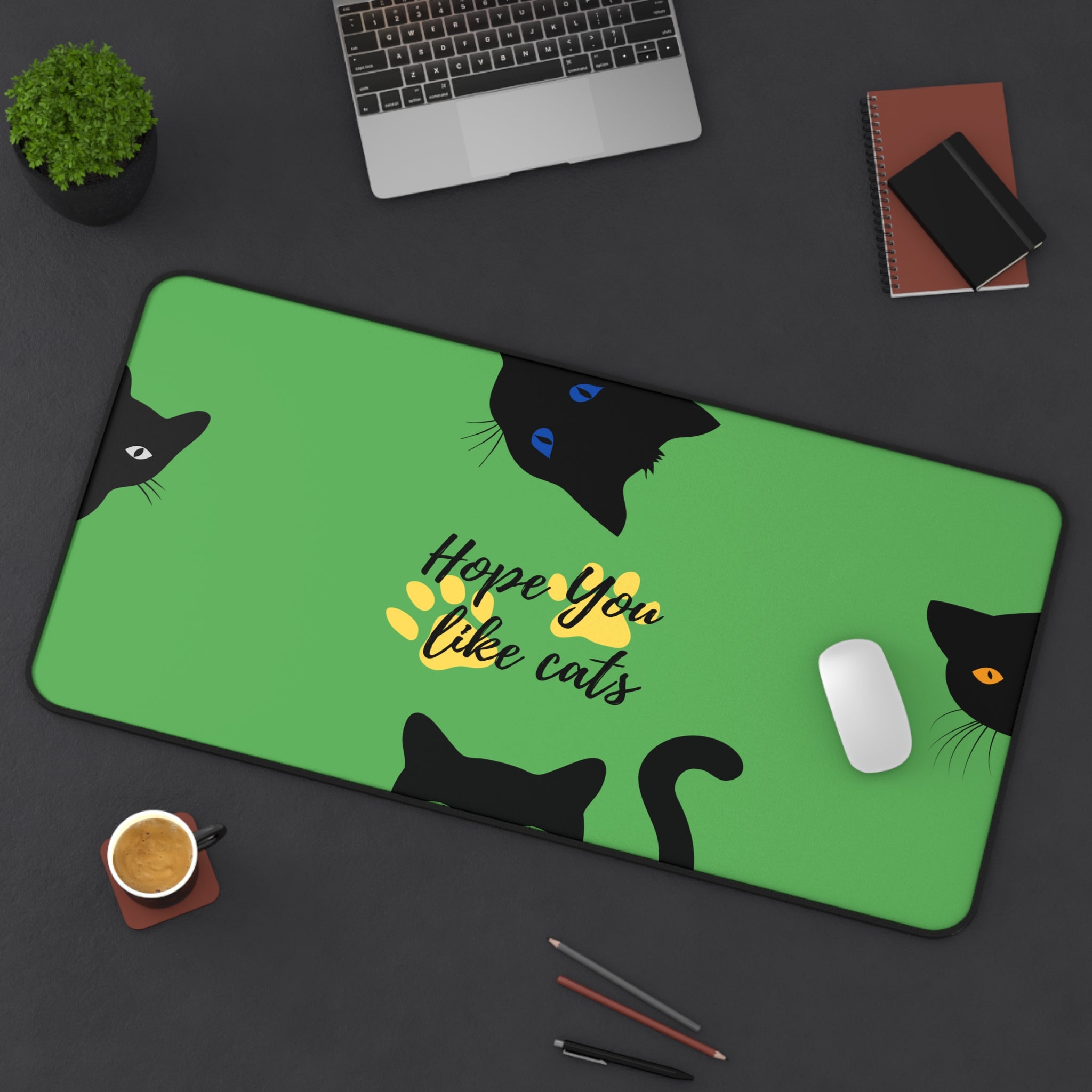cute oversized green desk mat with black cat faces