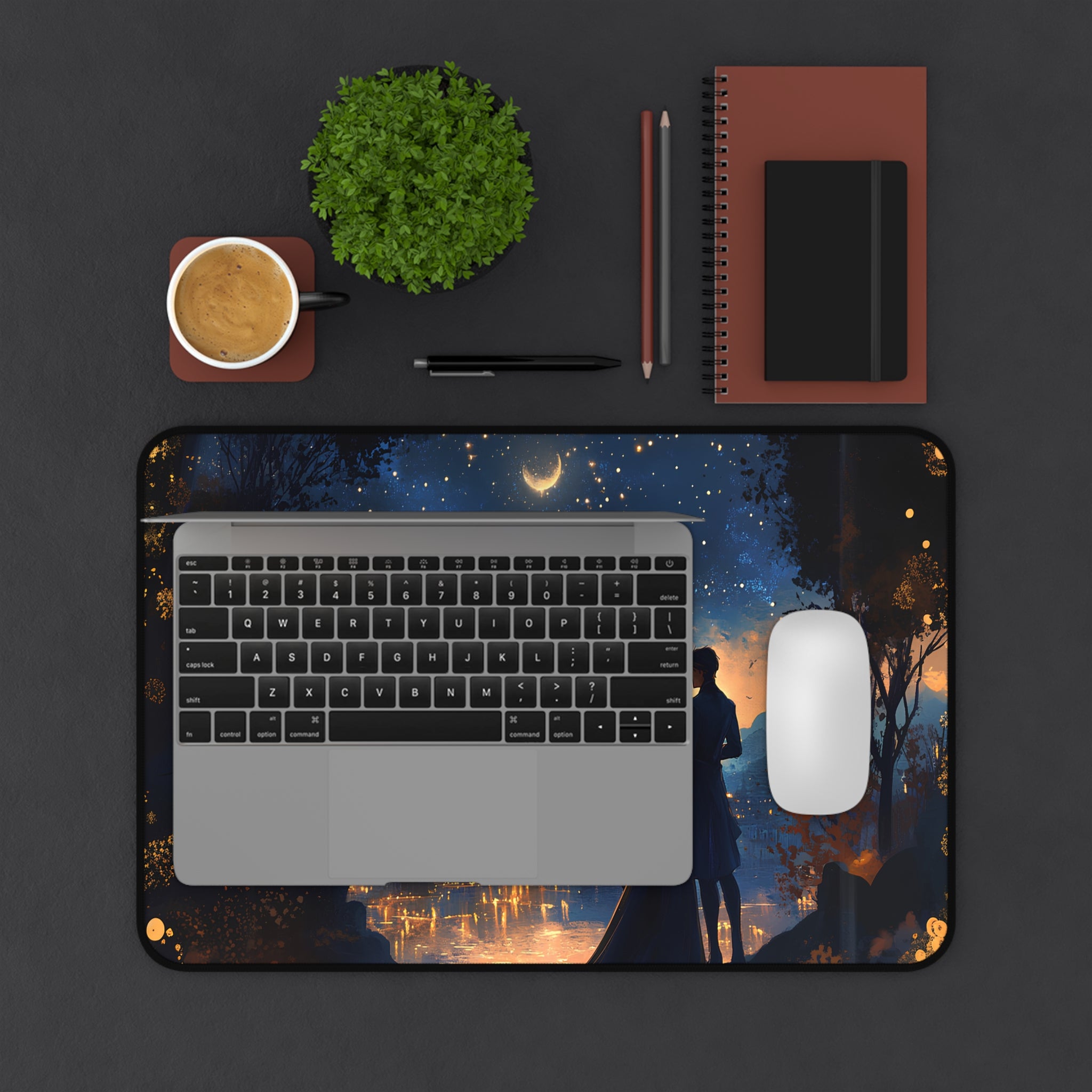 Bookish desk accessory featuring romantic starlit skyline