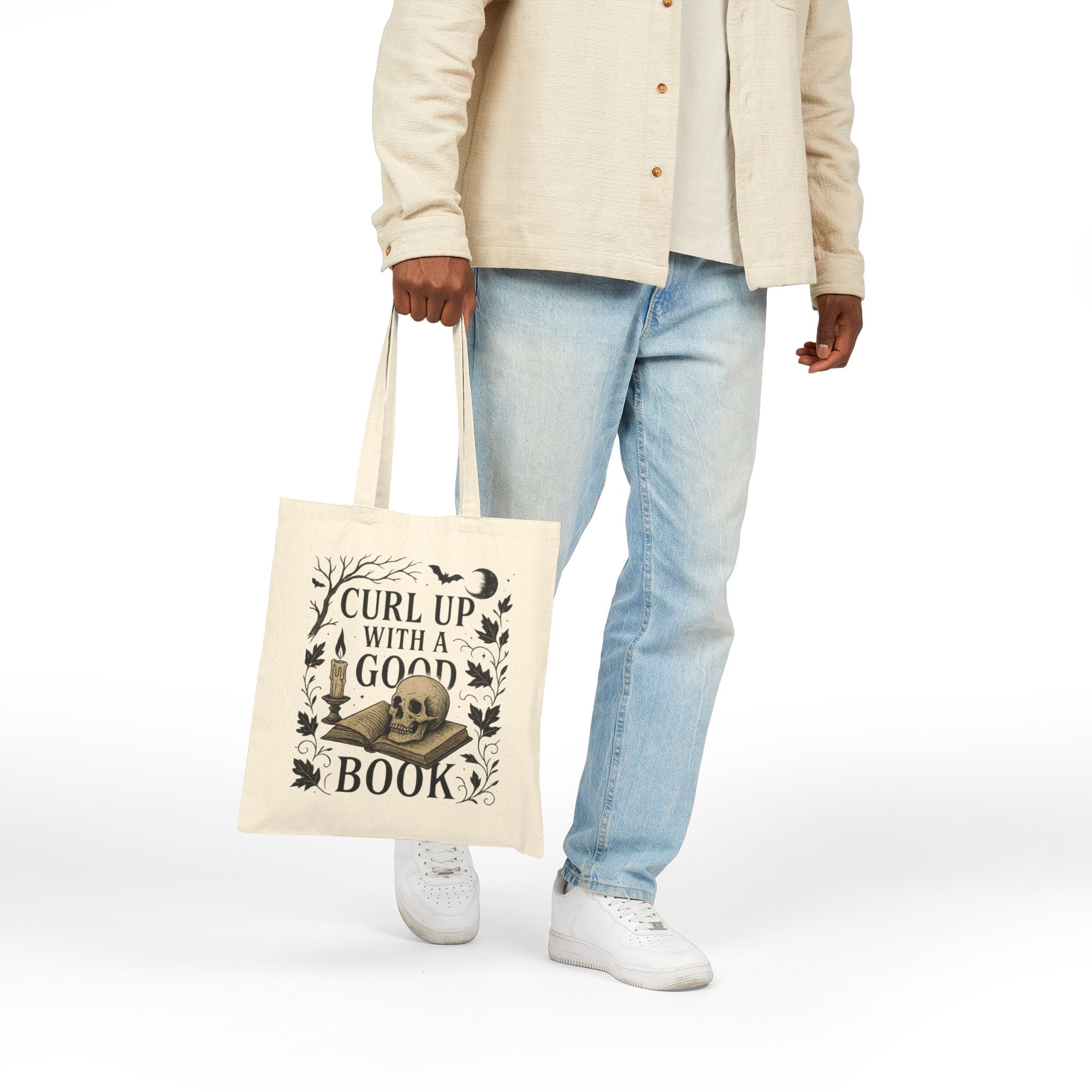 Vintage Gothic Book Lover Tote Bag – Skull & Candle Cotton Canvas Bag for Readers, Library & Gifts