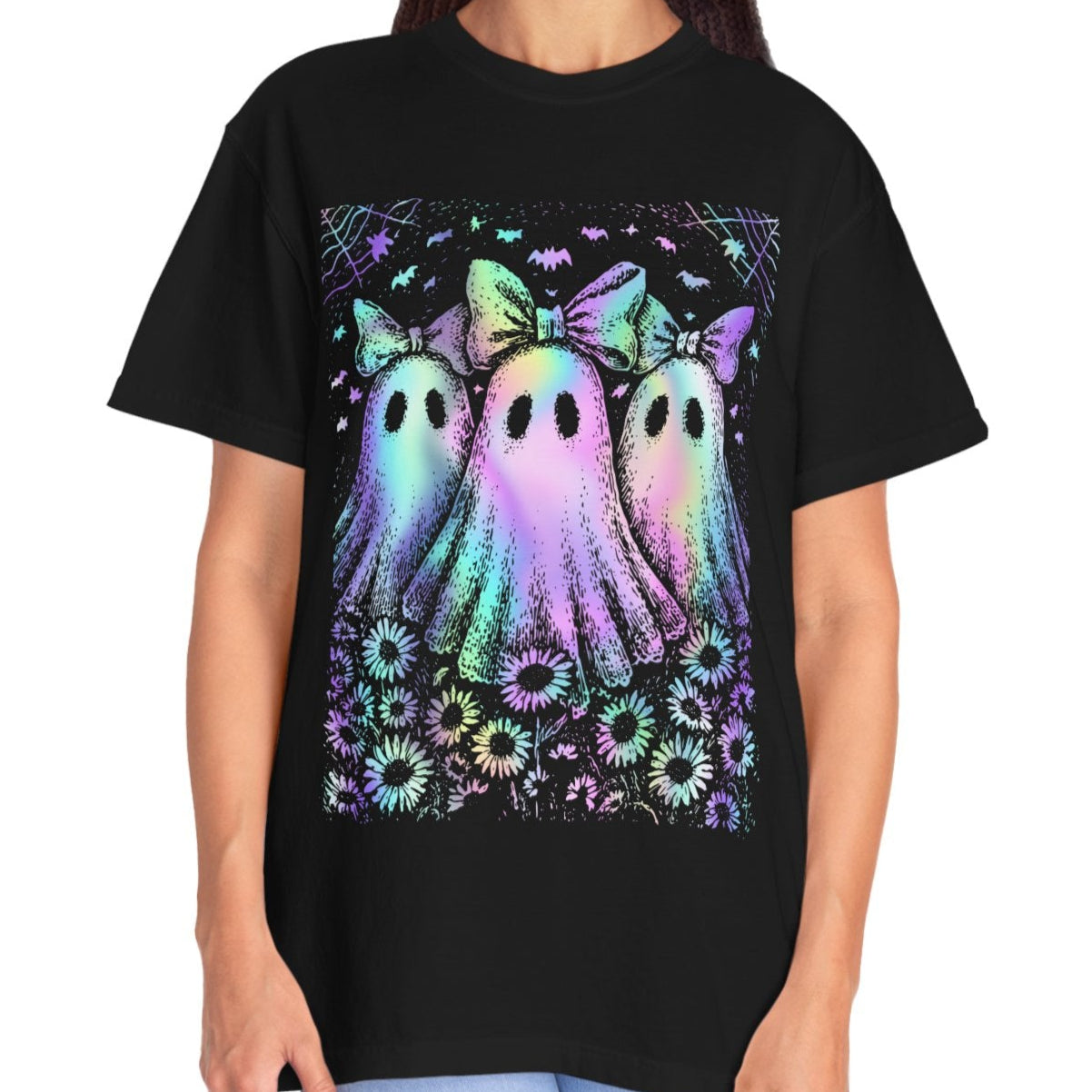 Pastel Rainbow Ghost Halloween Shirt for Women – Cute Spooky Season Tee with Bows & Floral Aesthetic