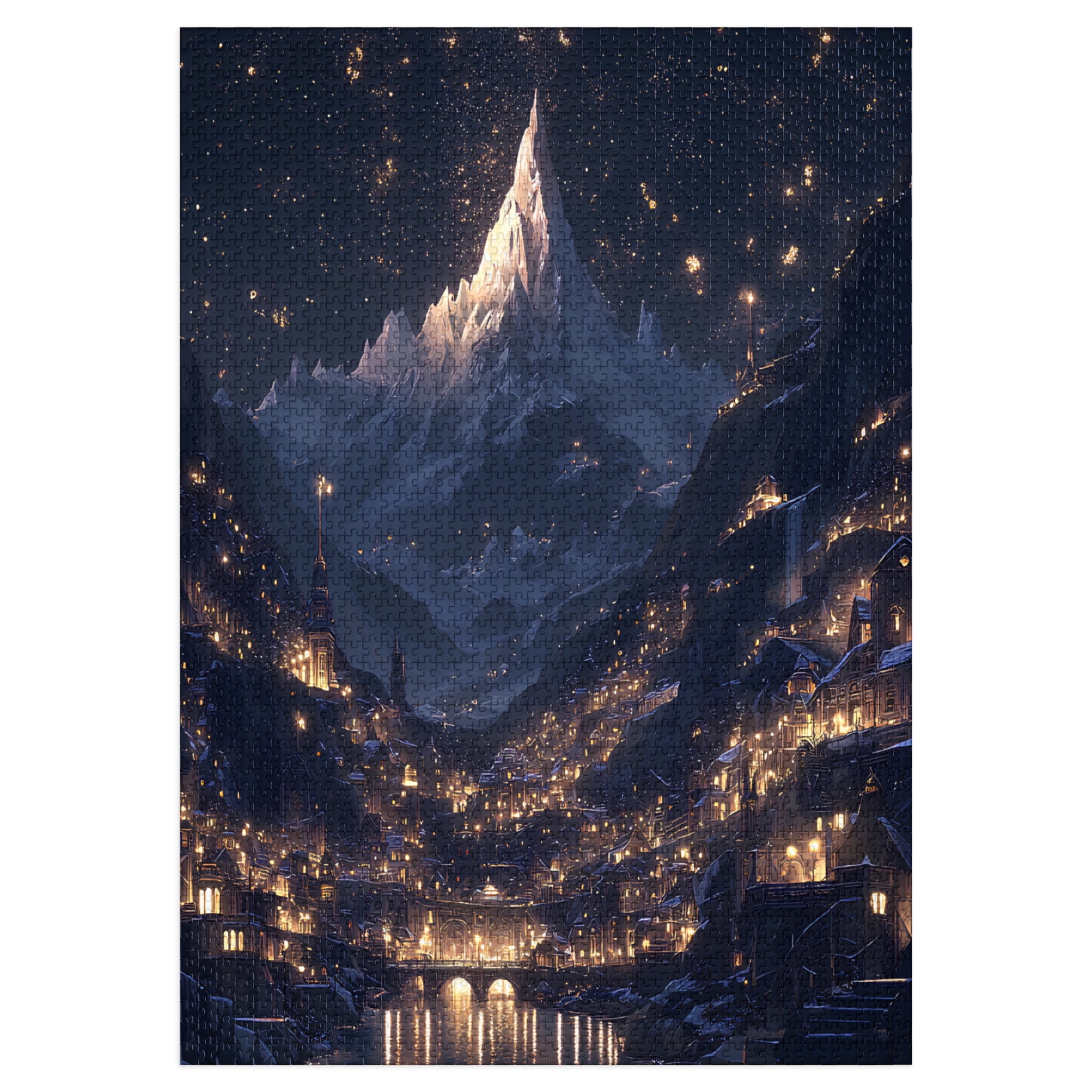 Fantasy Mountain Christmas Village Puzzle – Starry Night Snowy River Town Fairytale Jigsaw Gift