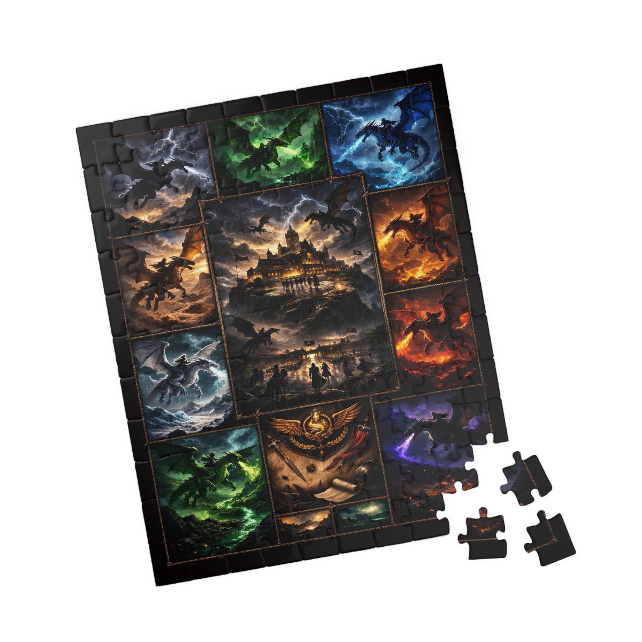dragon themed puzzle for adults table setup, fantasy decor puzzle flat lay, emerald and ember dragon puzzle art