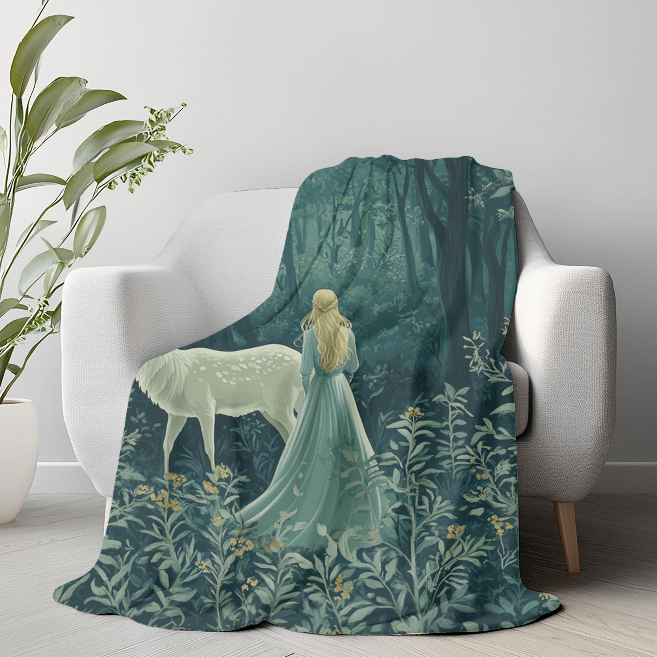 Cozy woodland fleece throw inspired by northern legends,
Fairytale blanket with teal forest tones and elegant female figure,
