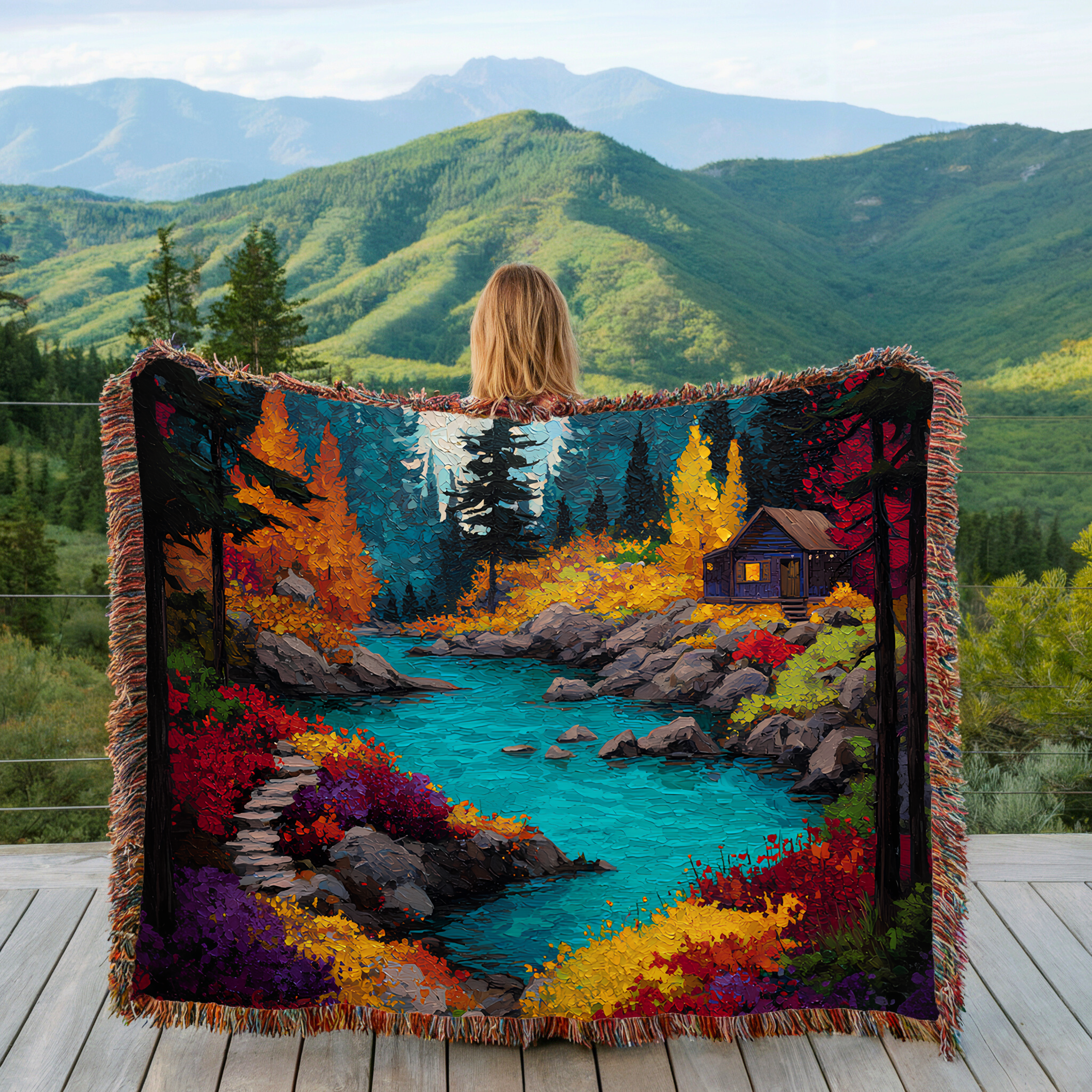 woven cotton lodge style blanket, turquoise river and autumn forest blanket, rustic cabin landscape woven throw, cozy mountain retreat blanket with cabin design