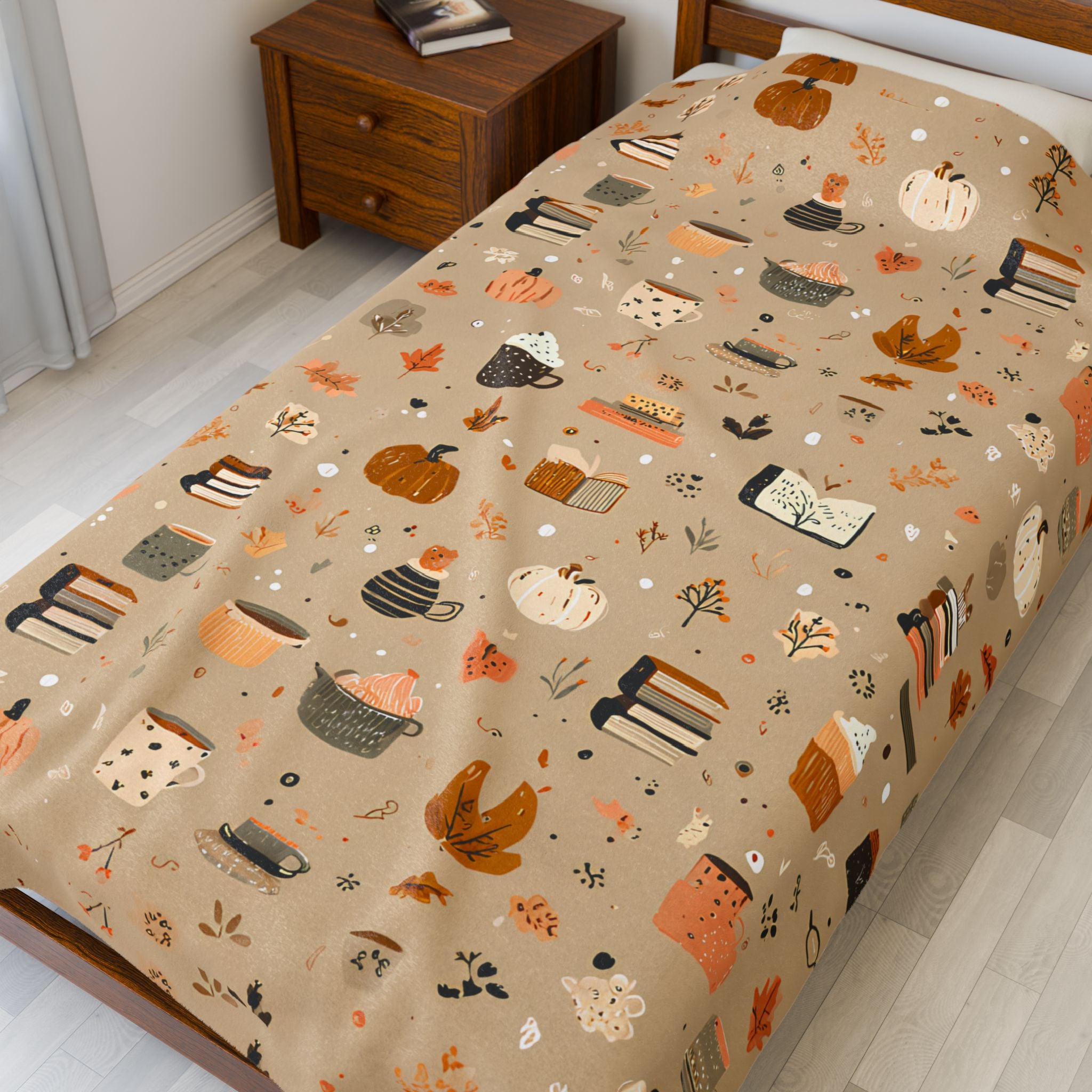 Cozy Velveteen Fall Blanket with Pumpkins Coffee Books Cottagecore Neutral Plush Throw