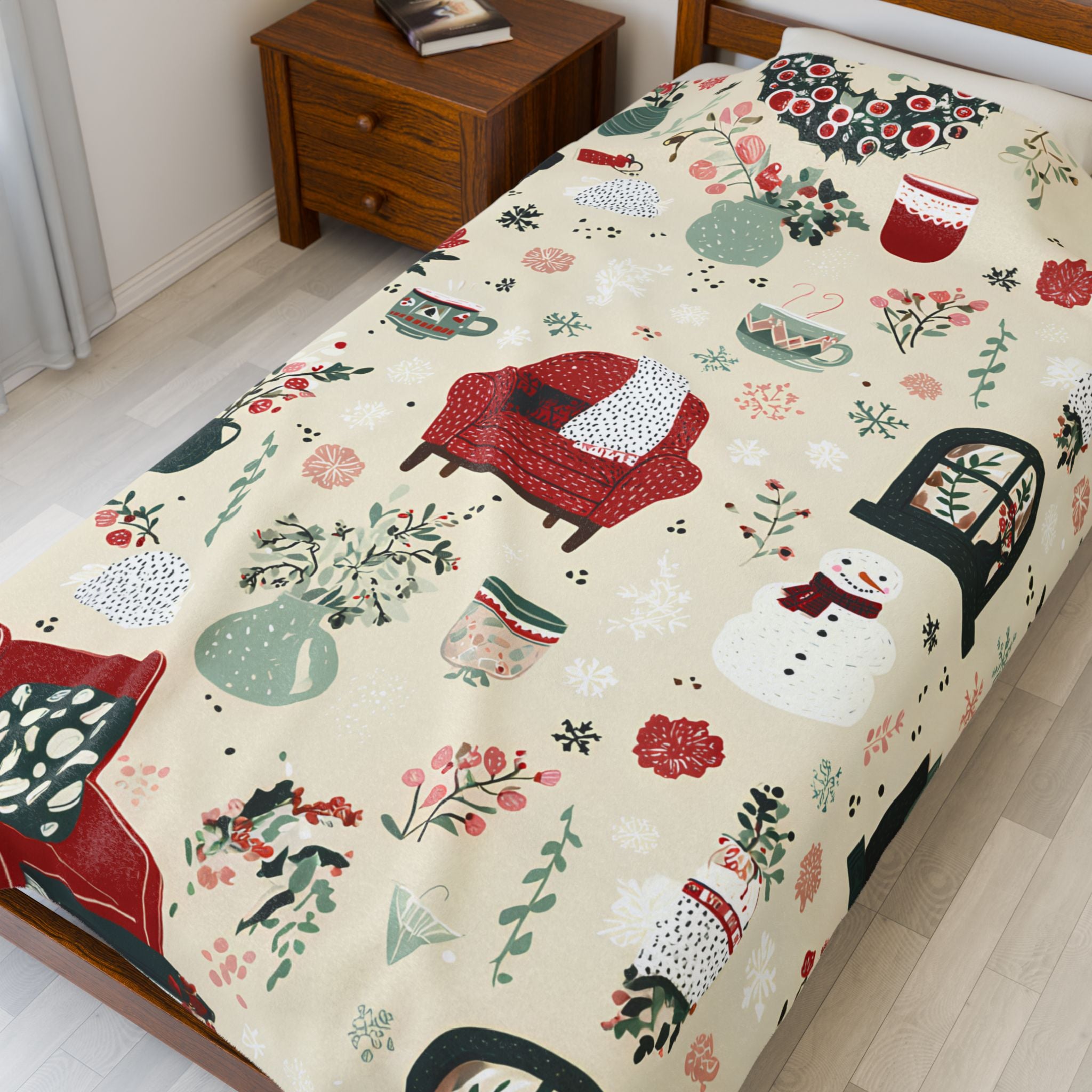 Velveteen Plush Christmas Blanket – Snowman Cocoa Floral Wreath Soft Cozy Holiday Throw