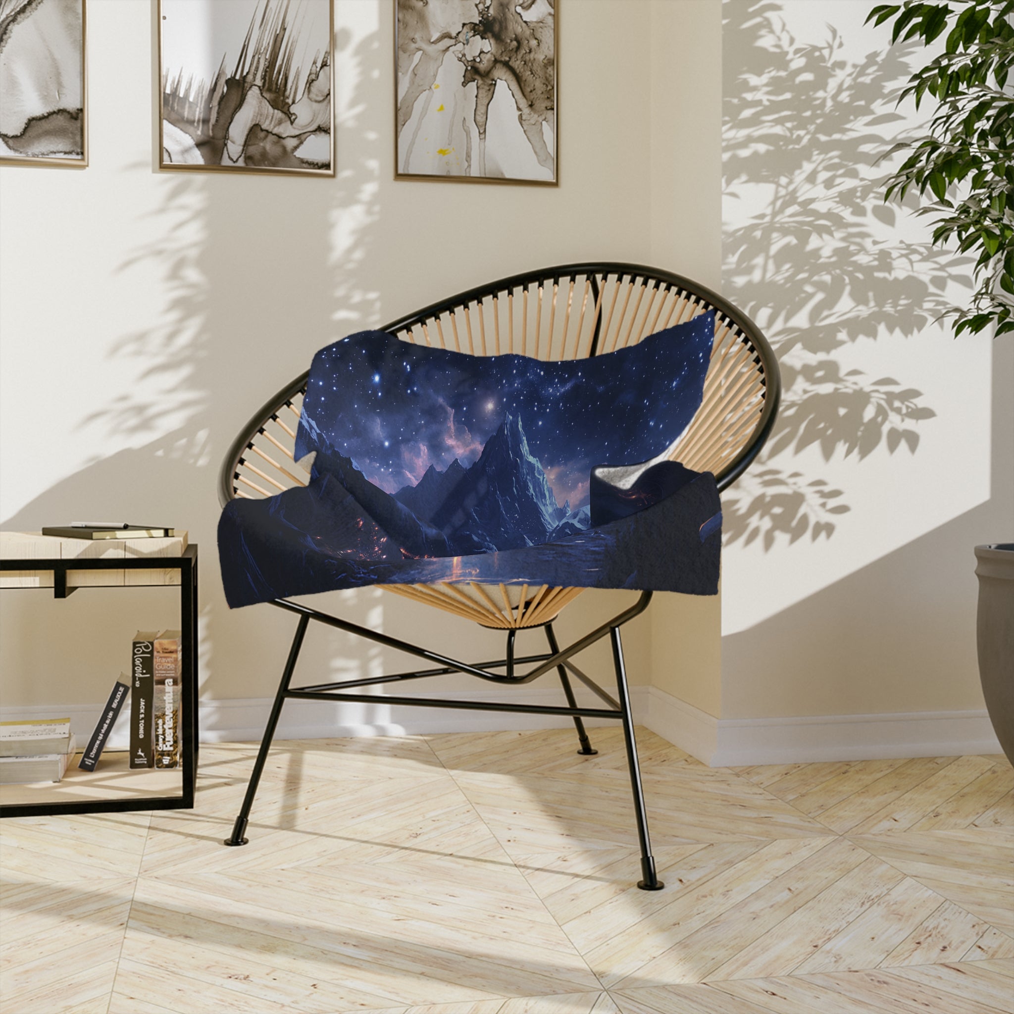 Cozy stargazer blanket on armchair with warm lighting
Celestial throw folded in woven basket beside potted plants