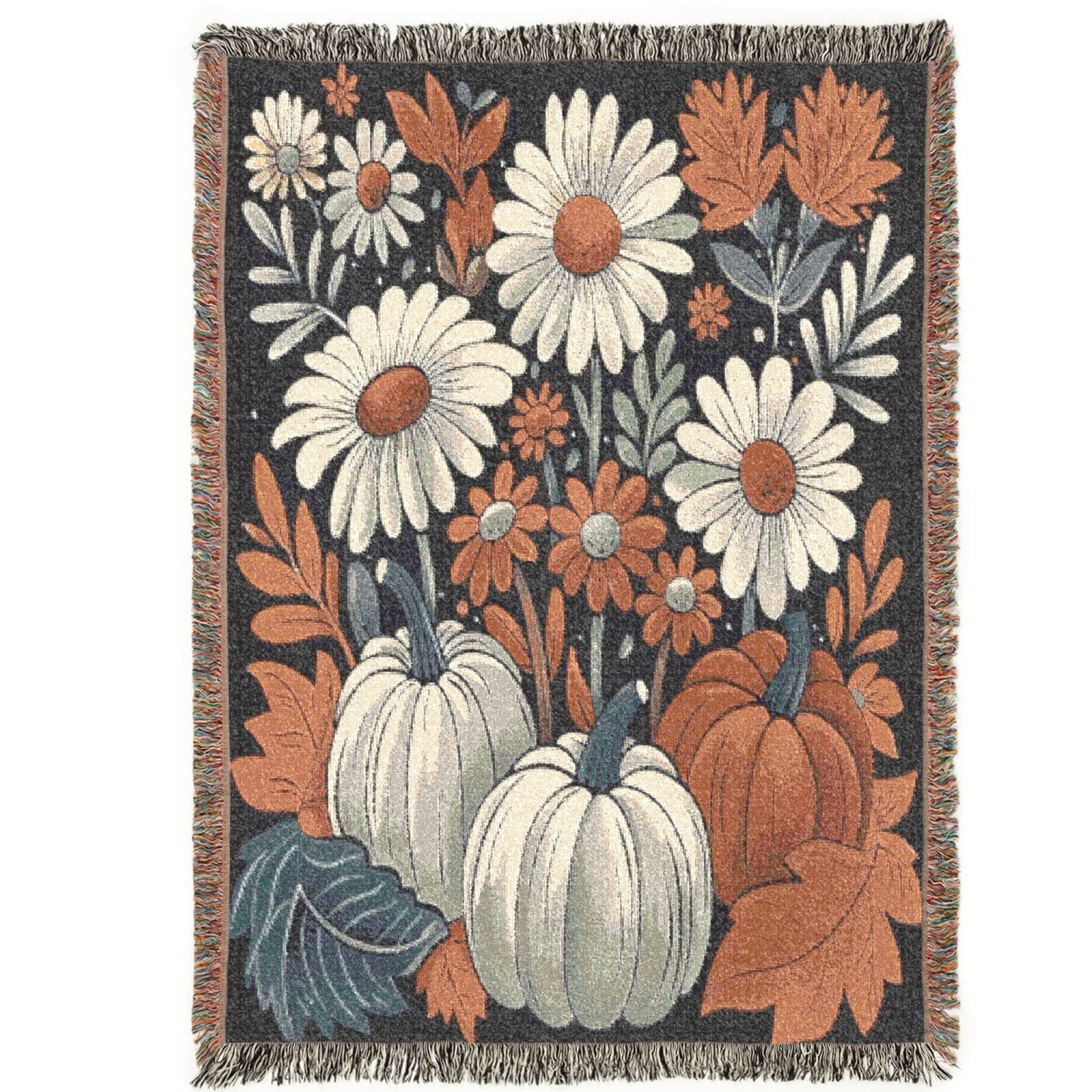pumpkin and daisy woven throw blanket for fall decor,
rustic farmhouse pumpkin blanket with floral design,