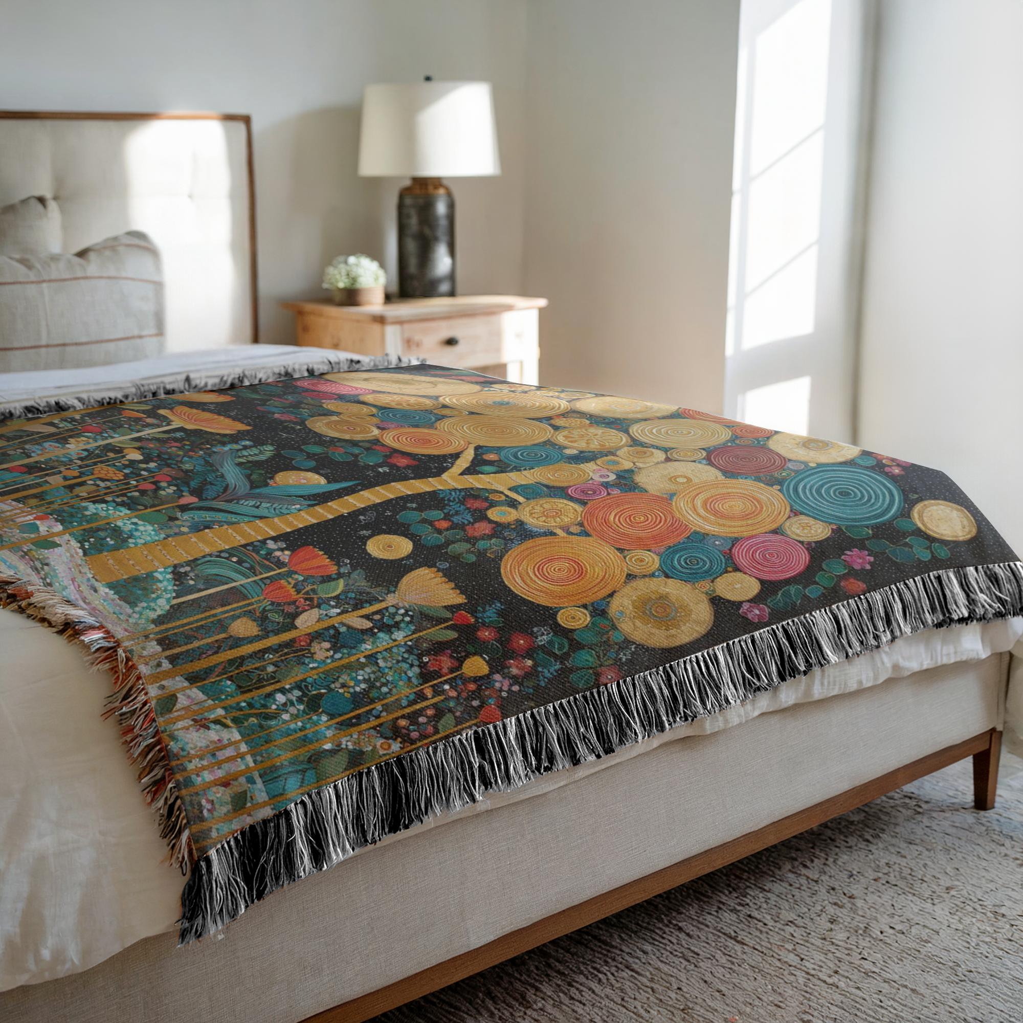 cozy cotton tapestry blanket with night garden illustration, decorative woven blanket with stylized tree and flowers