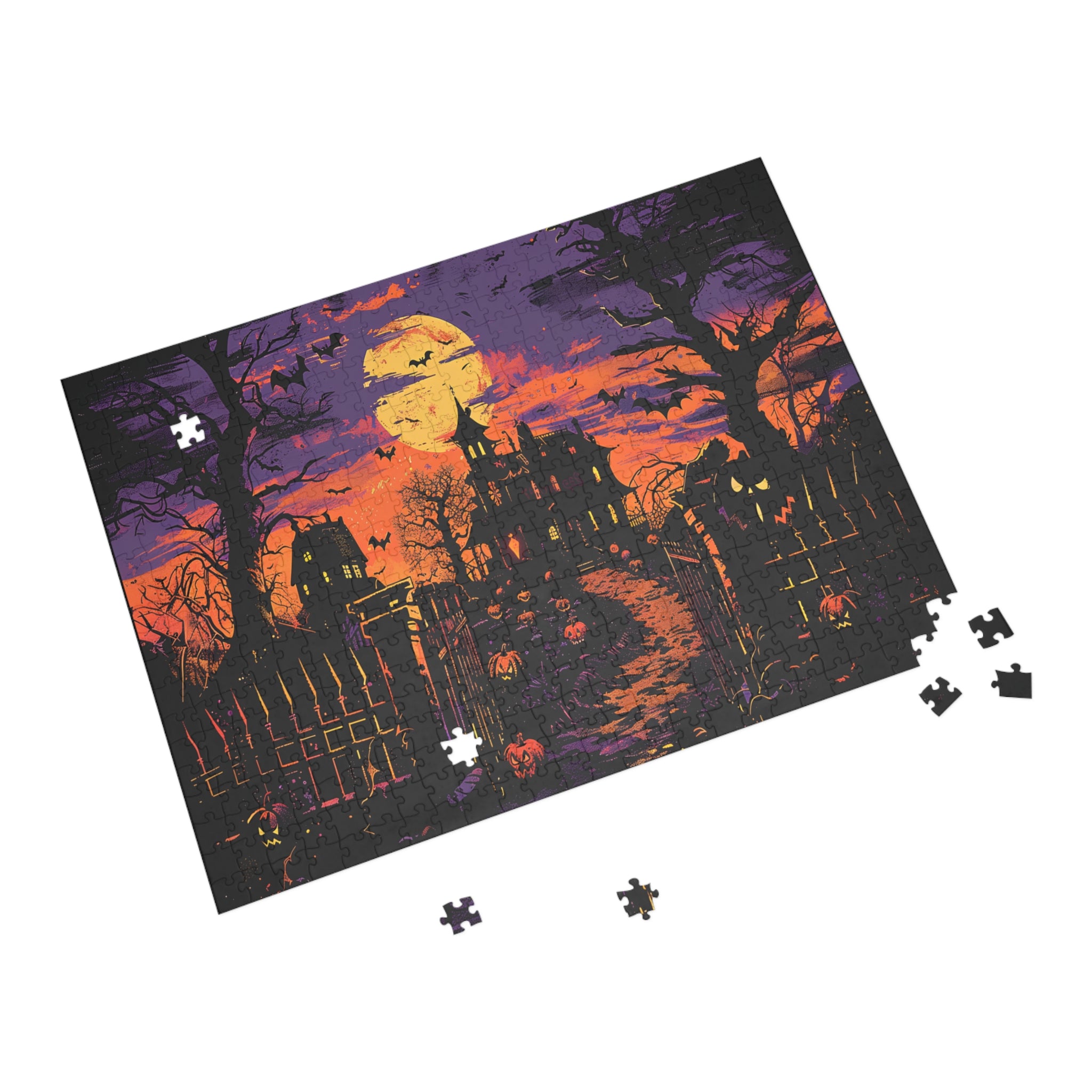 Haunted Mansion Halloween Jigsaw Puzzle Spooky Moonlit Gothic House with Pumpkins, Bats & Autumn Night
