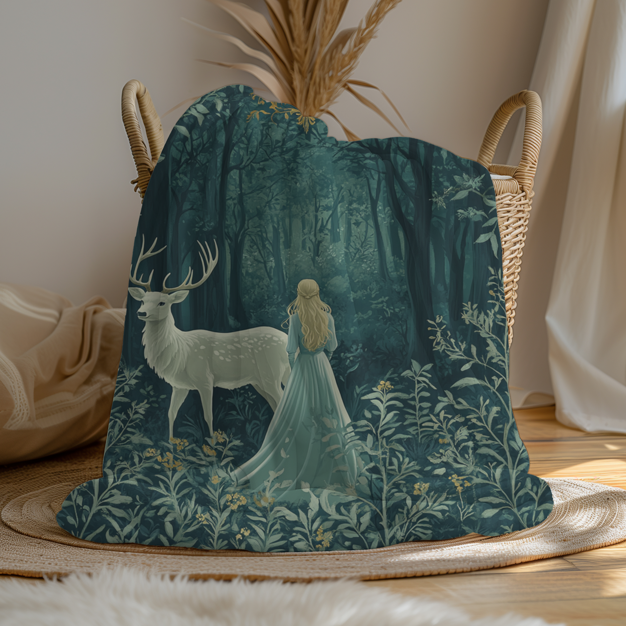 Cozy fantasy woodland blanket with blonde heroine and majestic deer,
Storybook forest throw featuring woman and stag under twilight trees,