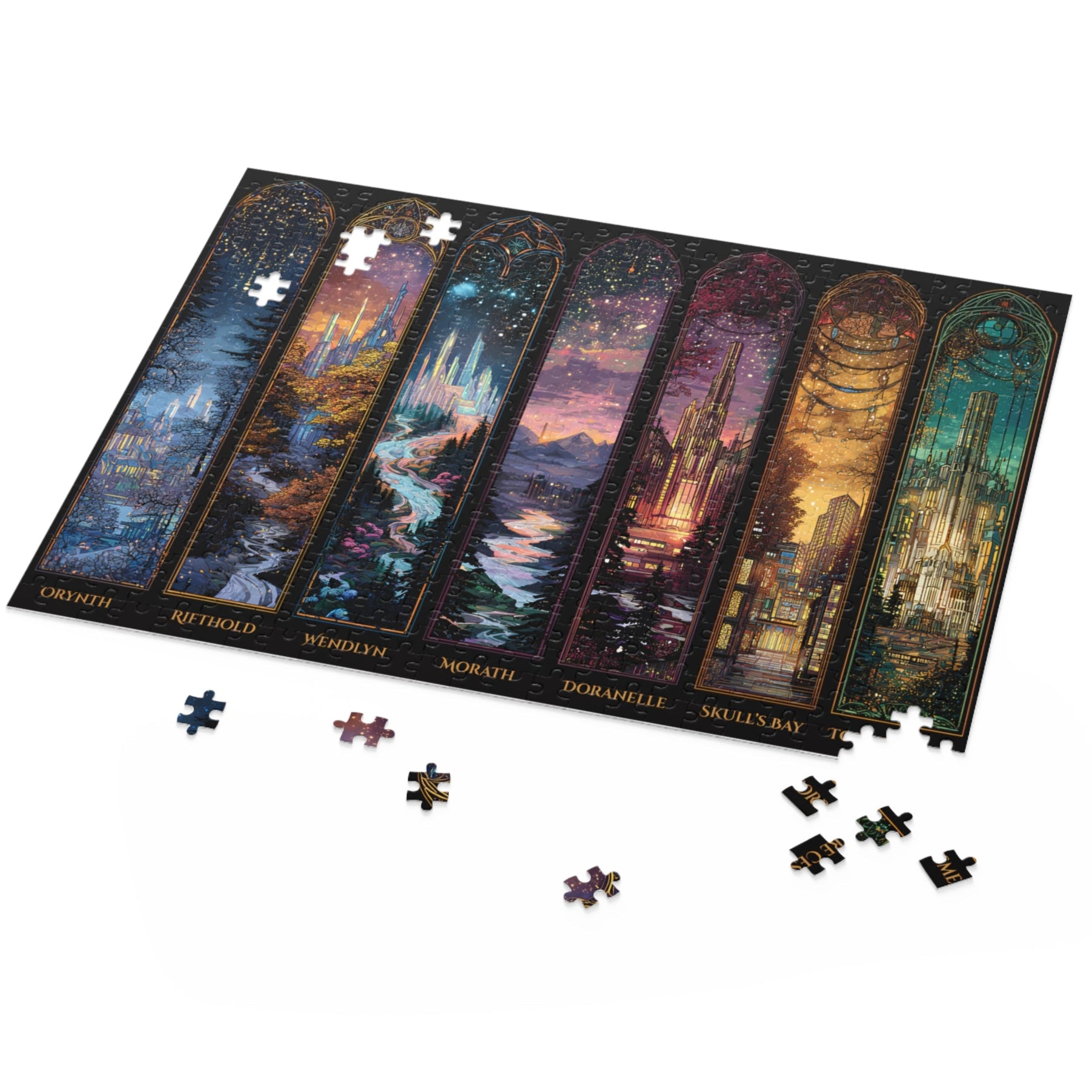 Unique collectible puzzle inspired by Throne of Glass,
Puzzle artwork of fantasy kingdoms and cities,