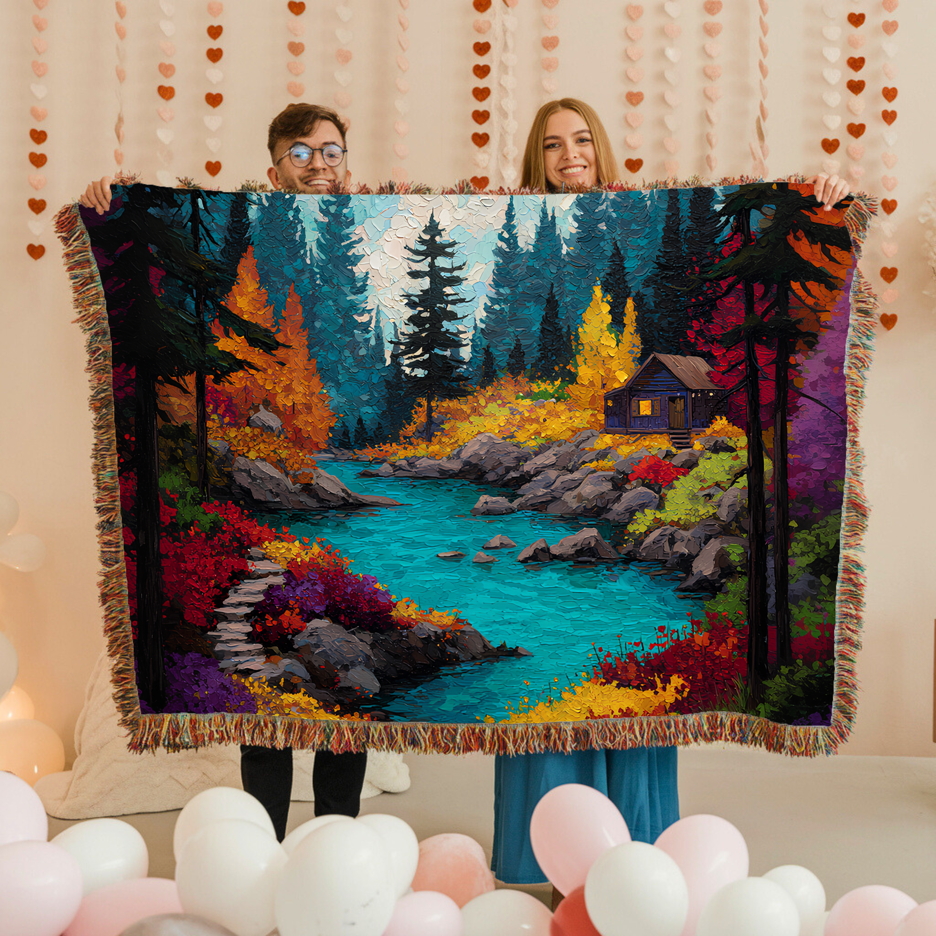 cozy cabin blanket with autumn nature scene, woven cotton blanket with colorful mountain design, rustic woodland cabin woven blanket gift,