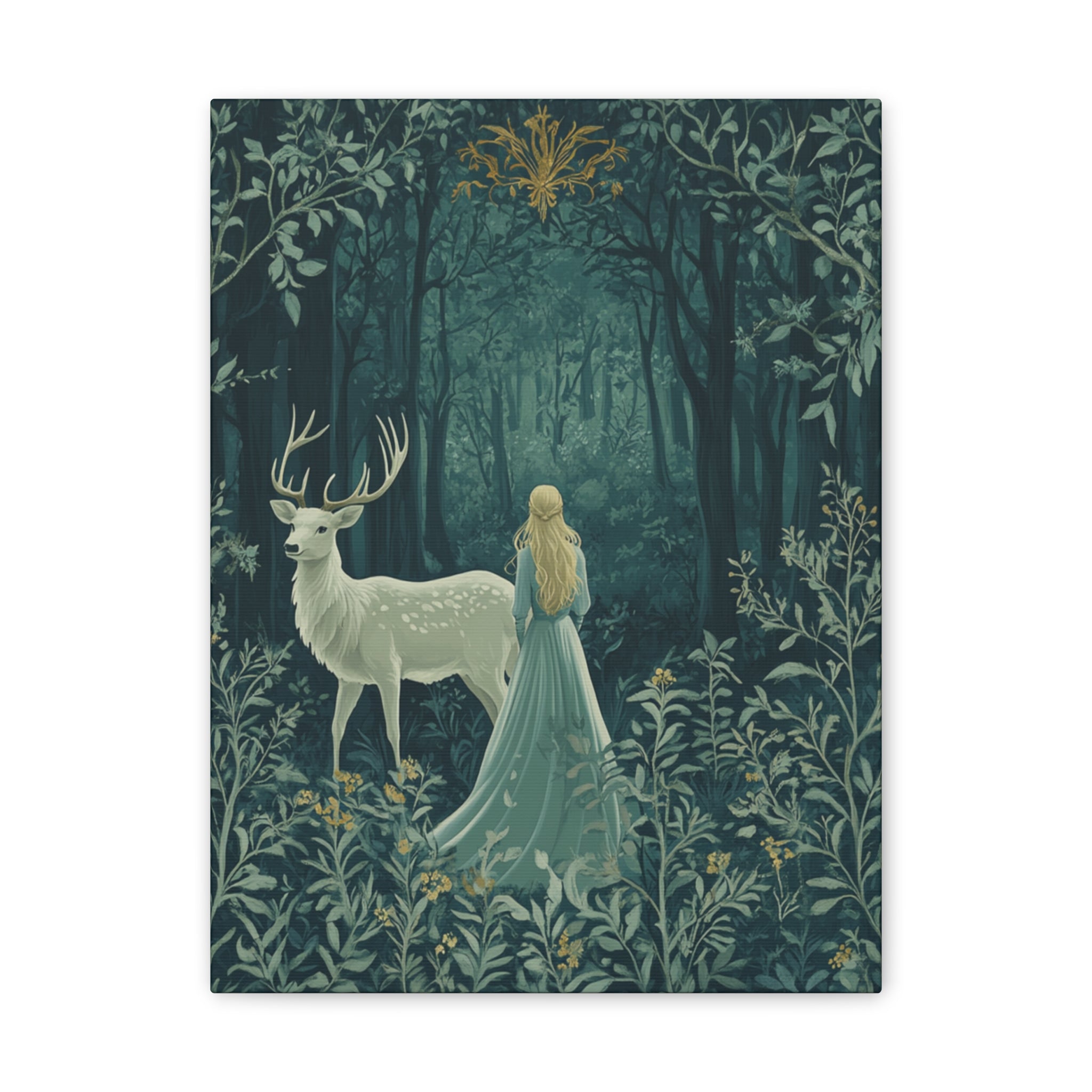 Enchanted Forest Stag & Maiden Canvas Wall Art Mystical Woodland Nature Lover Home Décor