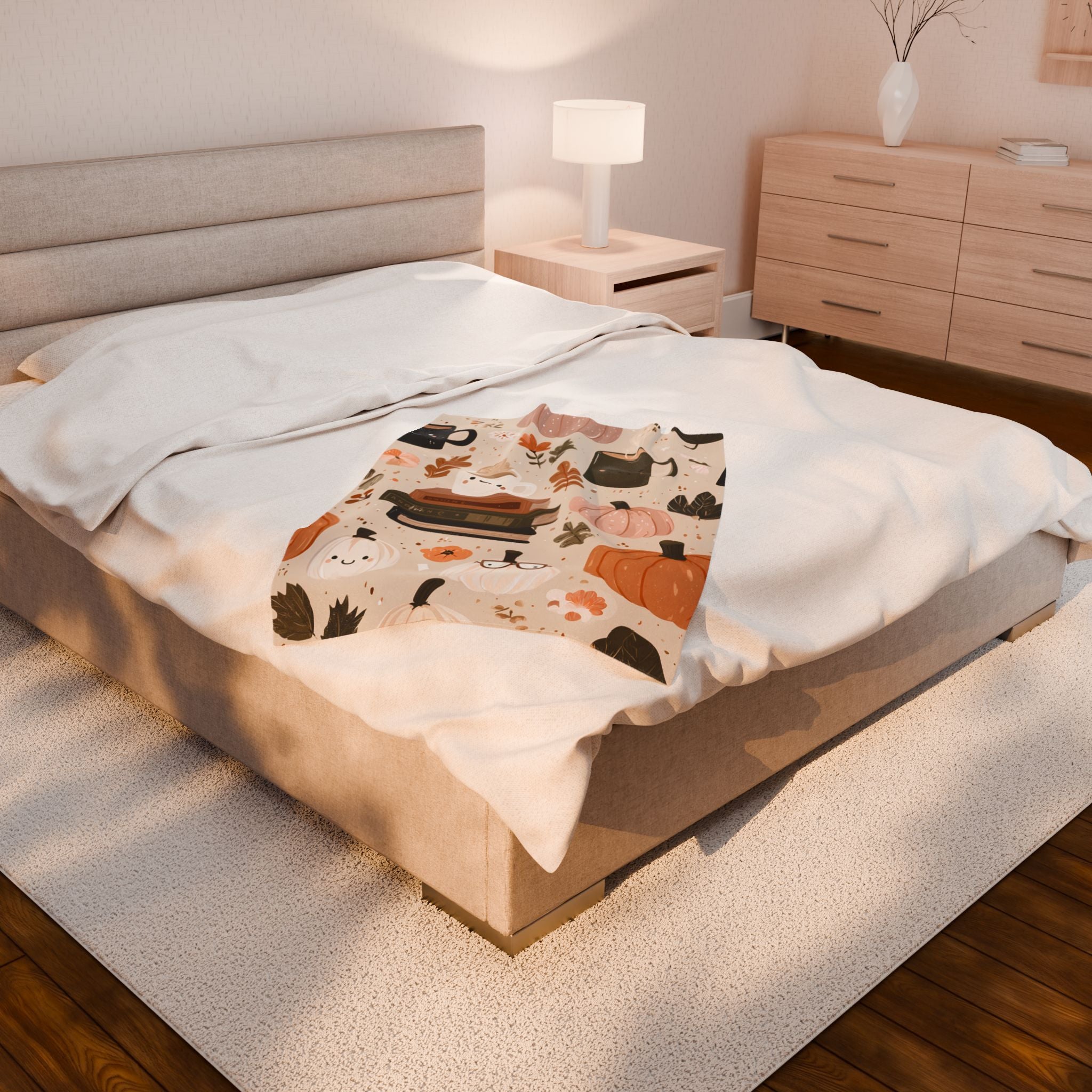 Cozy Velveteen Fall Blanket โ Pumpkin Coffee Floral Print Autumn Throw, Cottagecore Neutral Decor