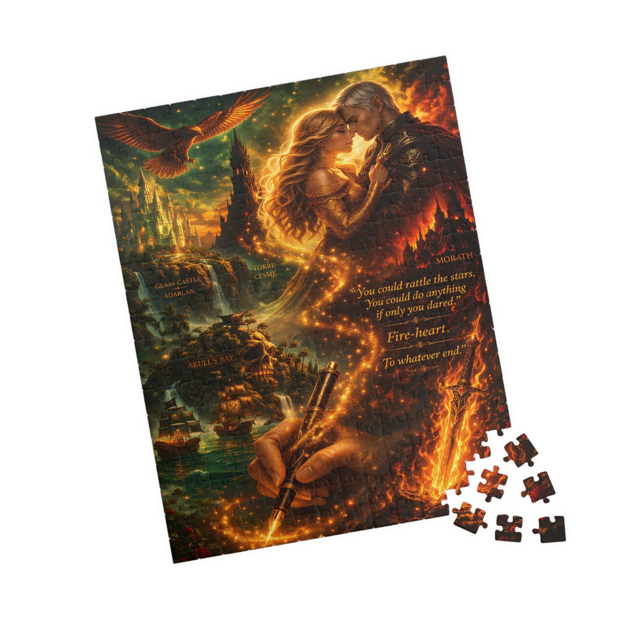 Aelin and Rowan Fantasy Fireheart Lovers Puzzle – Dramatic Romantic Castle Art Jigsaw for Adults