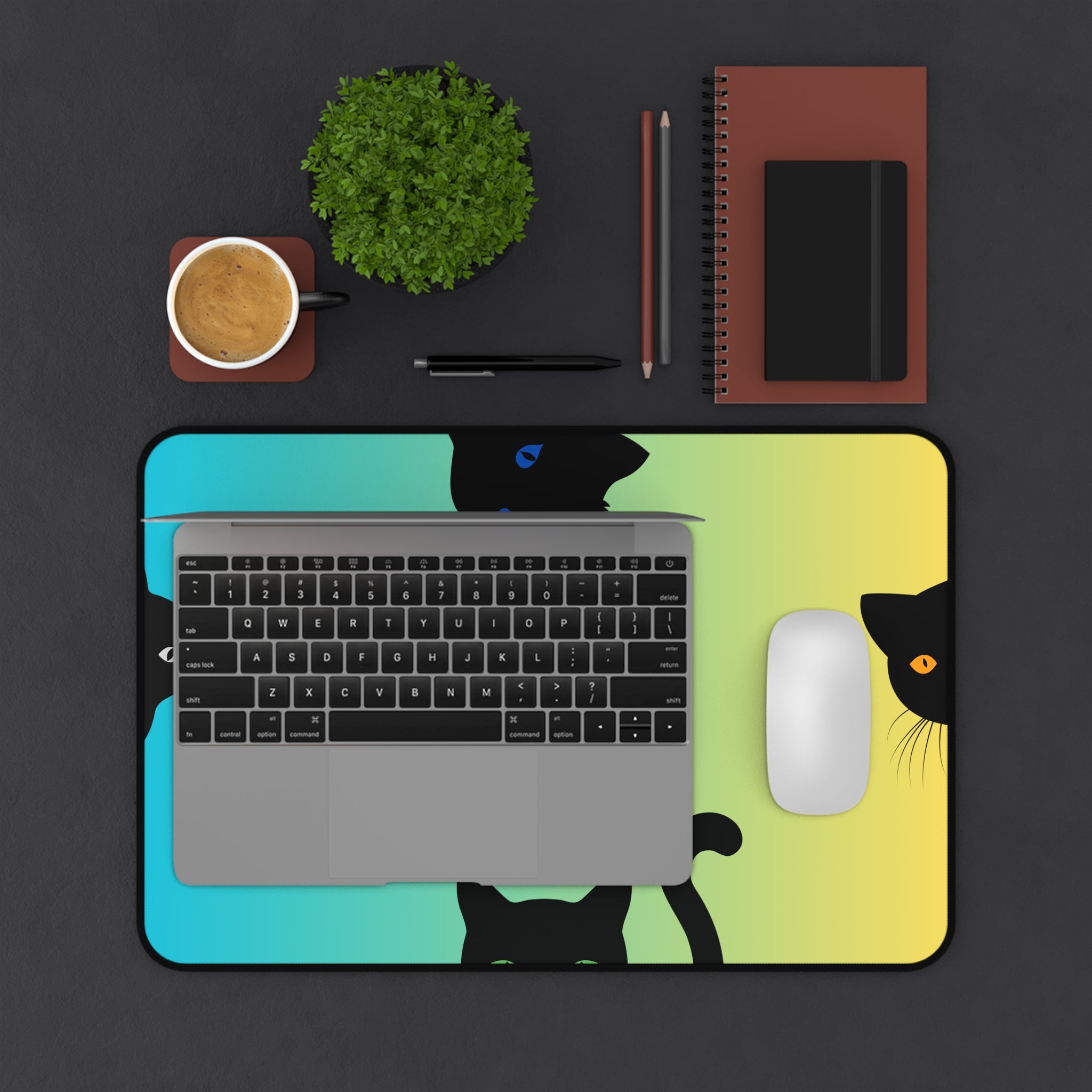 waterproof oversized desk mat with black cat faces