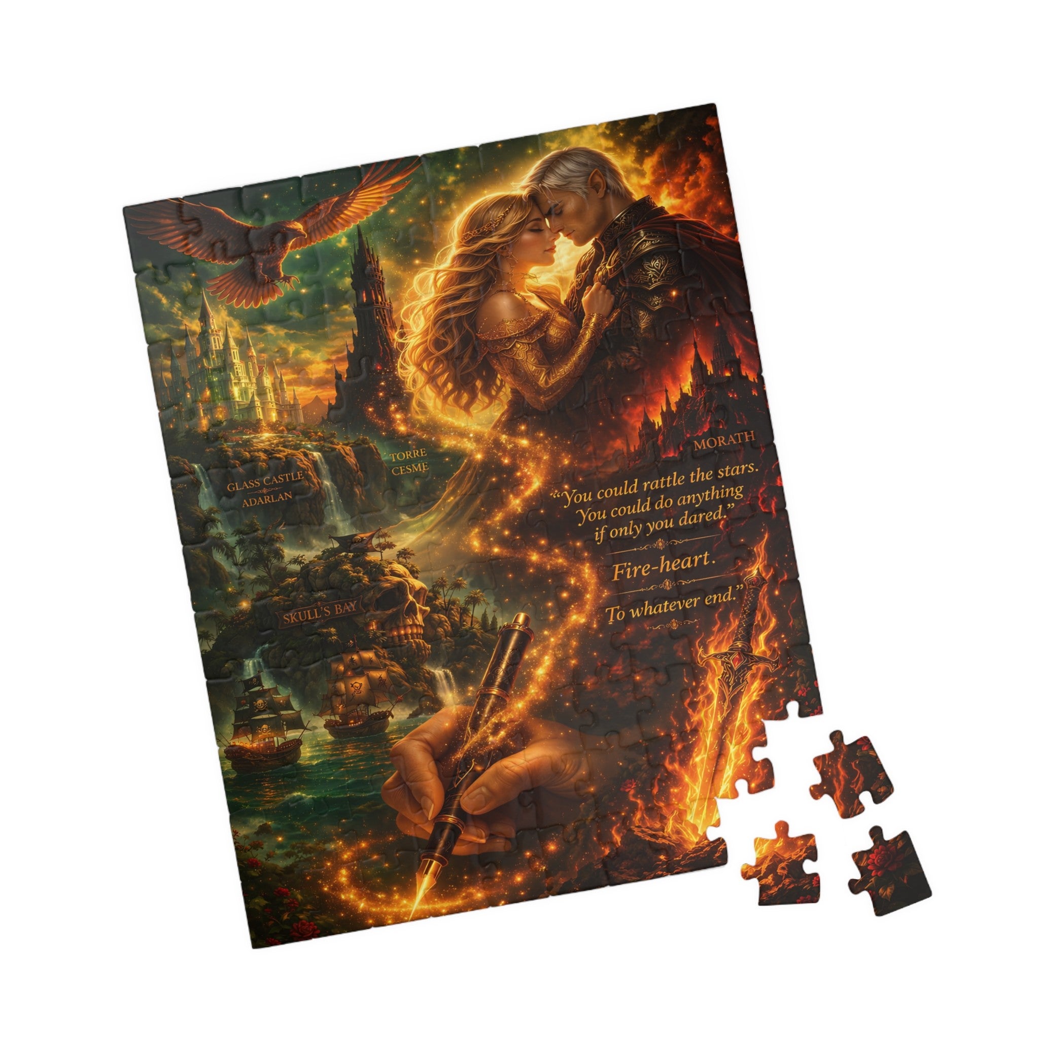 Aelin and Rowan Fantasy Fireheart Lovers Puzzle – Dramatic Romantic Castle Art Jigsaw for Adults