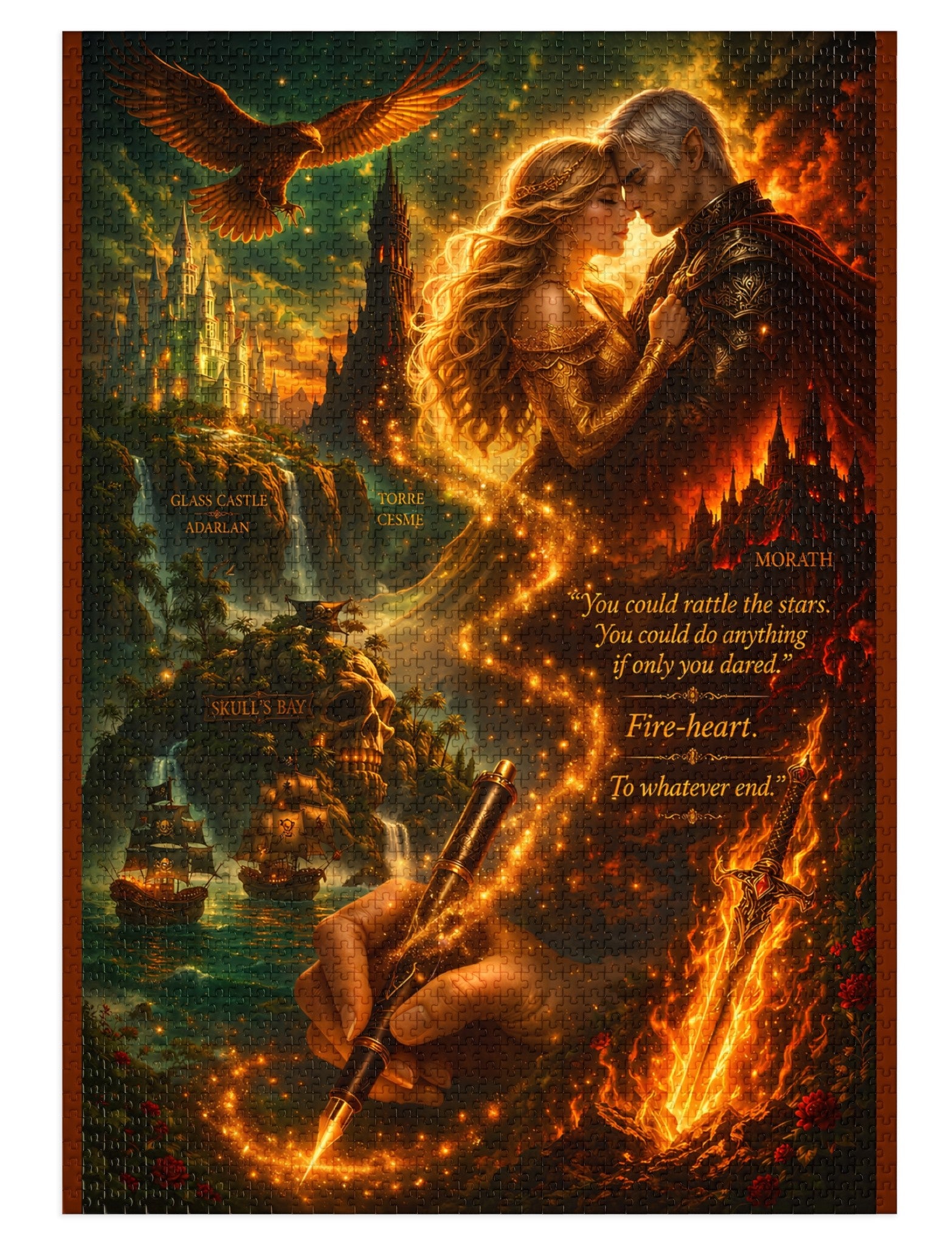 Aelin and Rowan Fantasy Fireheart Lovers Puzzle – Dramatic Romantic Castle Art Jigsaw for Adults