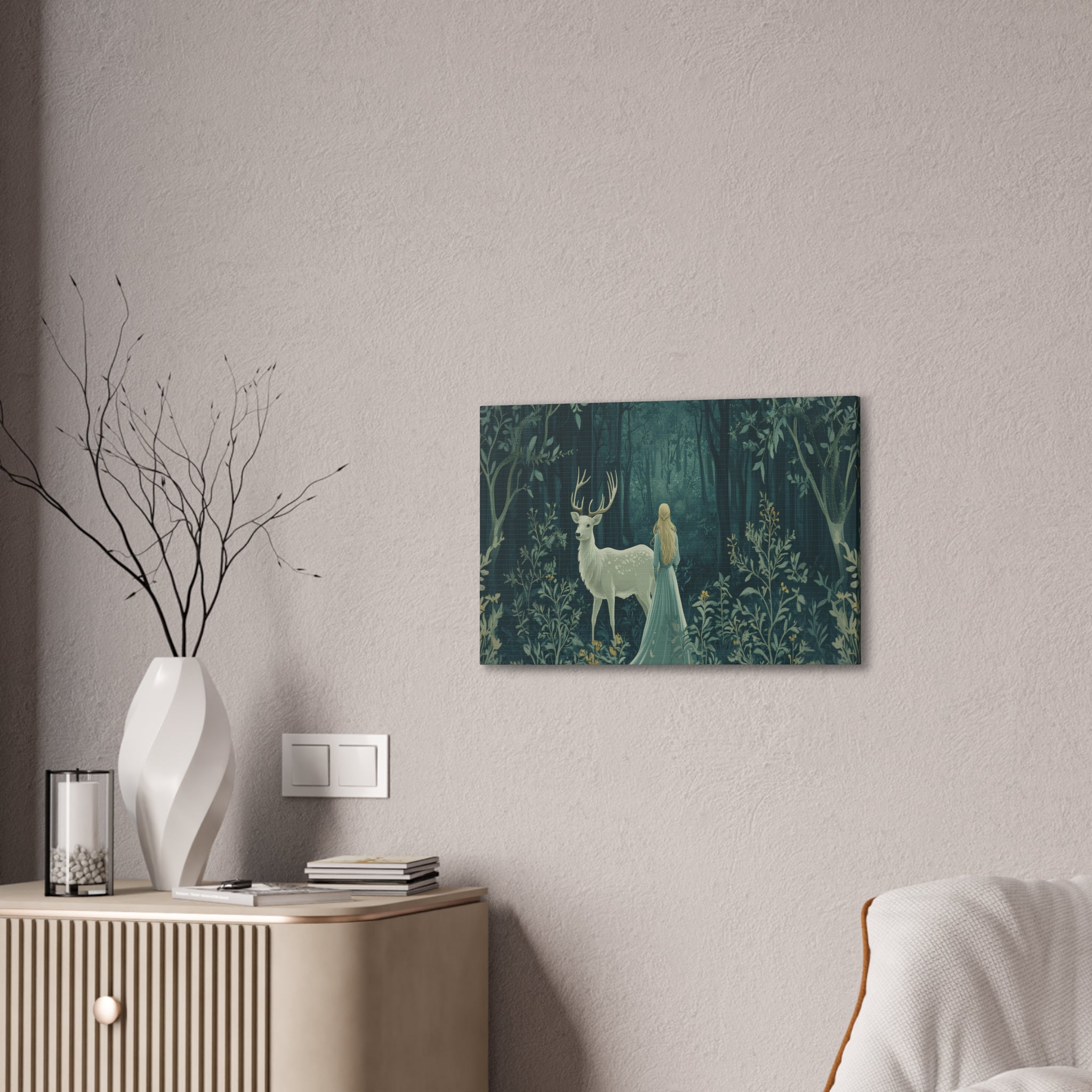Enchanted Forest Stag & Maiden Canvas Wall Art Mystical Woodland Nature Lover Home Décor