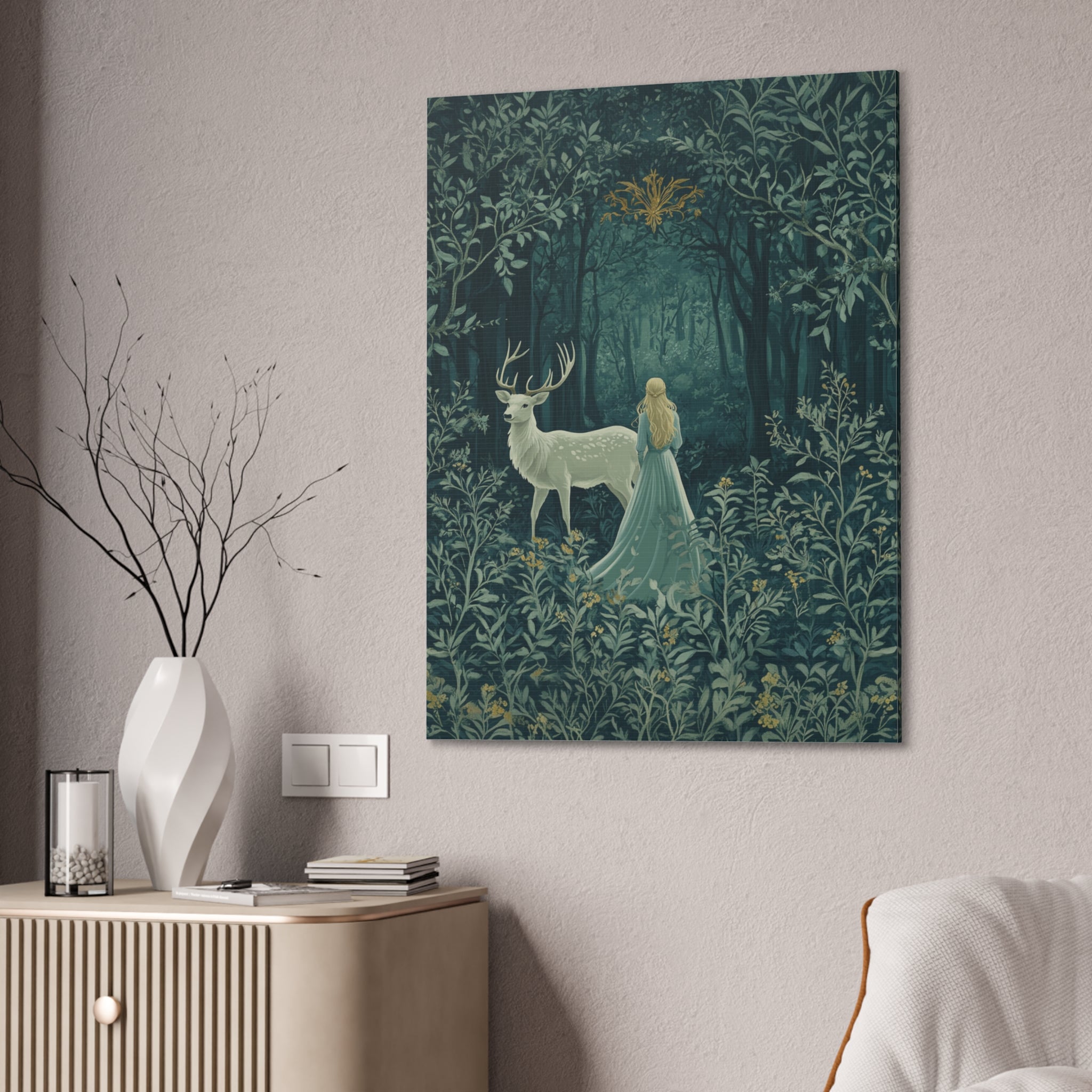 Enchanted Forest Stag & Maiden Canvas Wall Art Mystical Woodland Nature Lover Home Décor