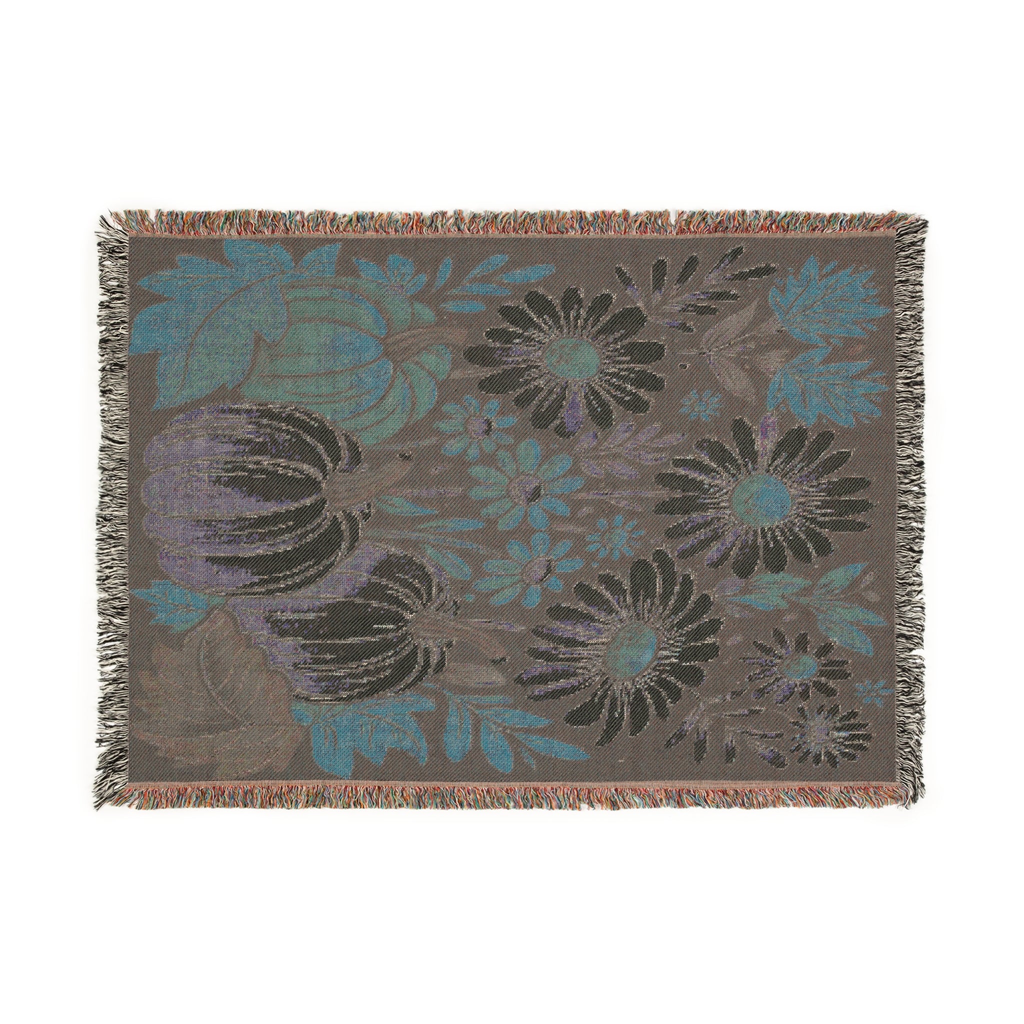 Pumpkin & Daisy Woven Throw Blanket – Cozy Autumn Harvest Farmhouse Fall Decor | Rustic Floral Tapestry