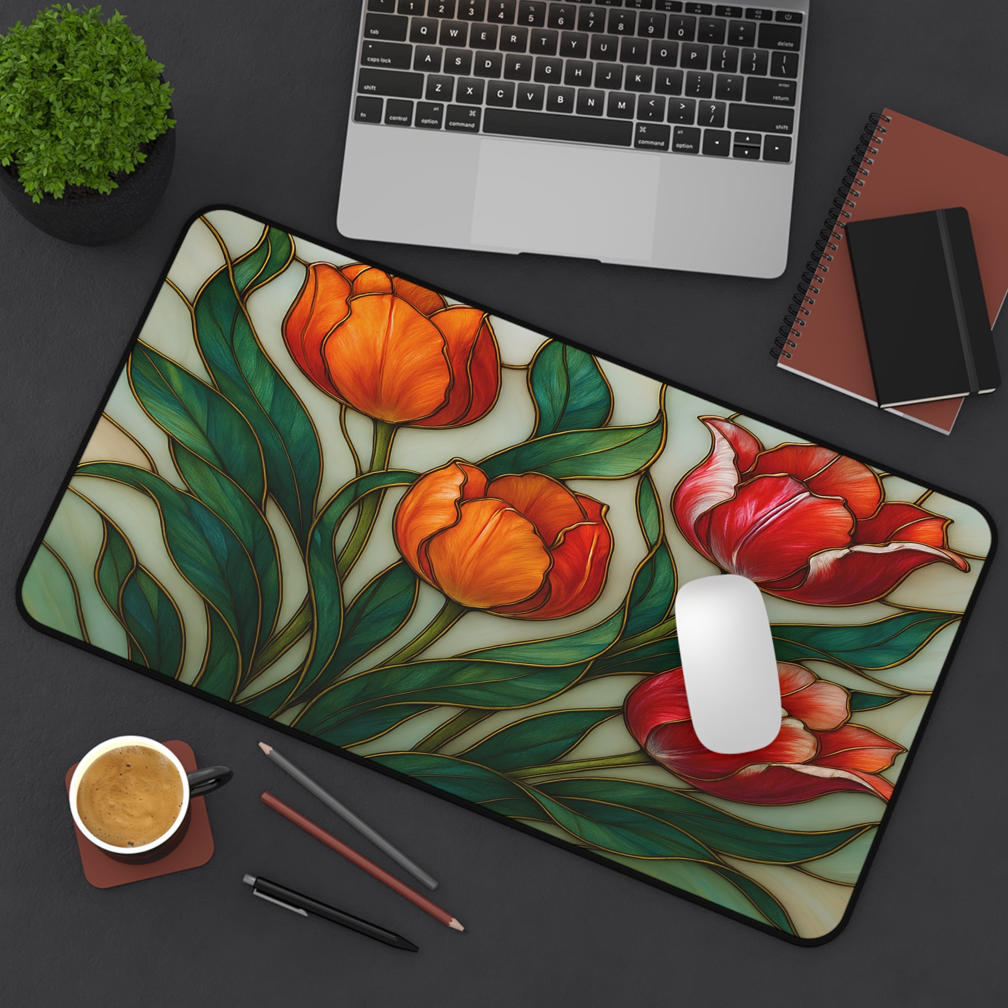 vibrant stained glass floral computer mat, floral desk mat gift for women