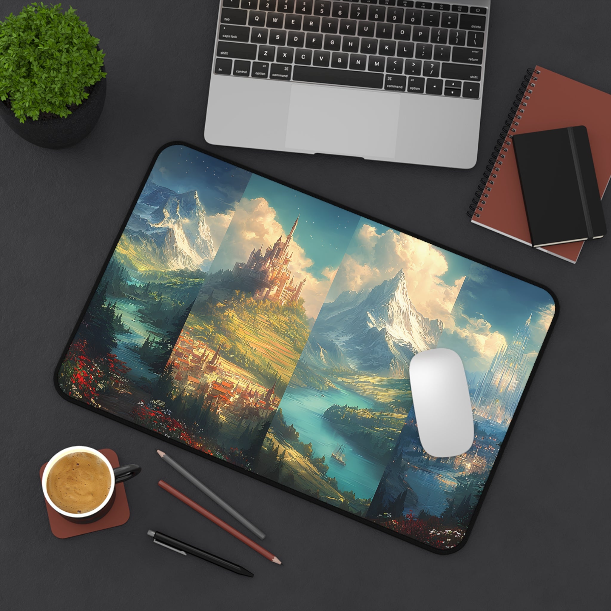 literary inspired desk mat for bookish office decor, magical castle desk mat with mountain landscape