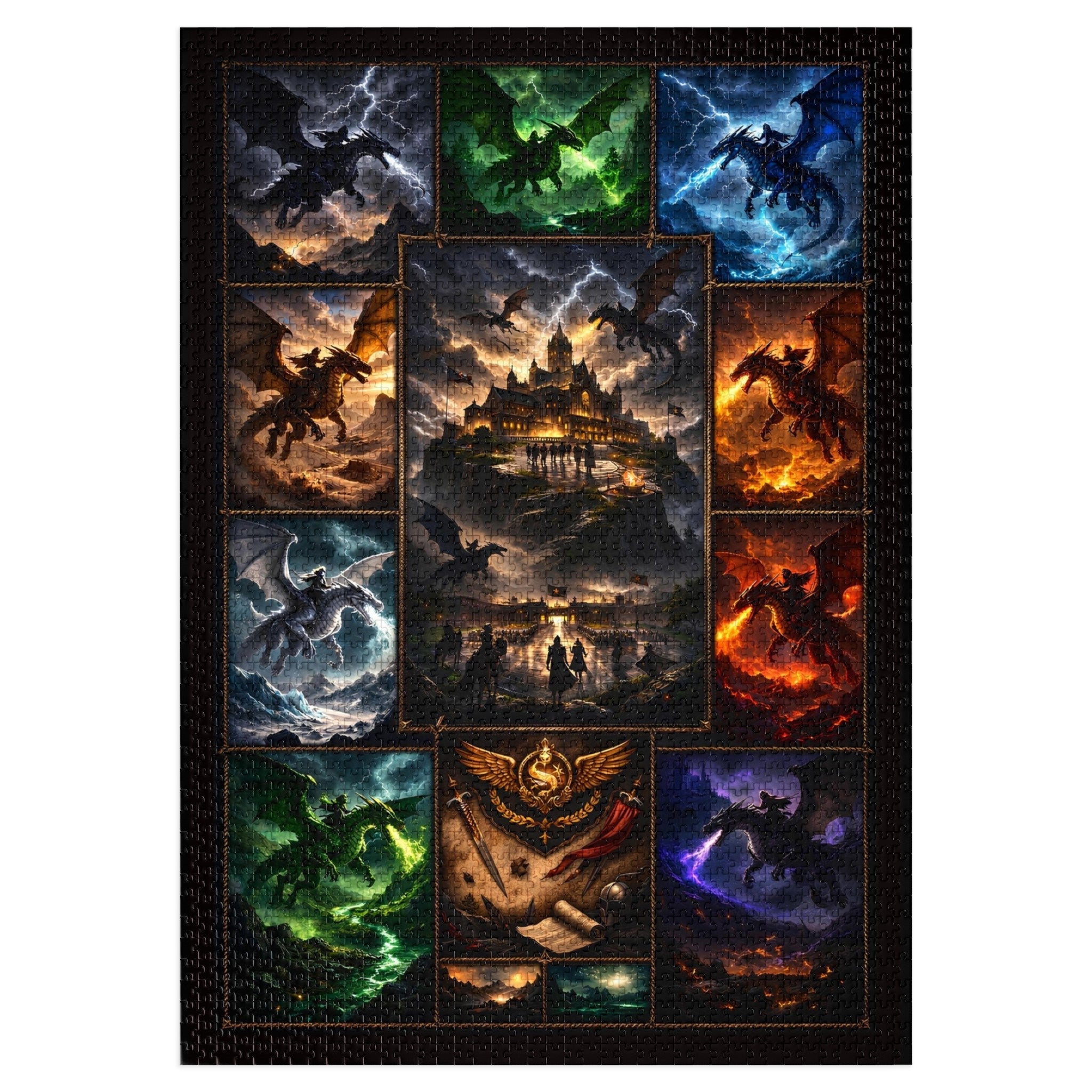 fantasy wall art puzzle completed, dragon puzzle with warm lighting, reading nook dragon hobby activity