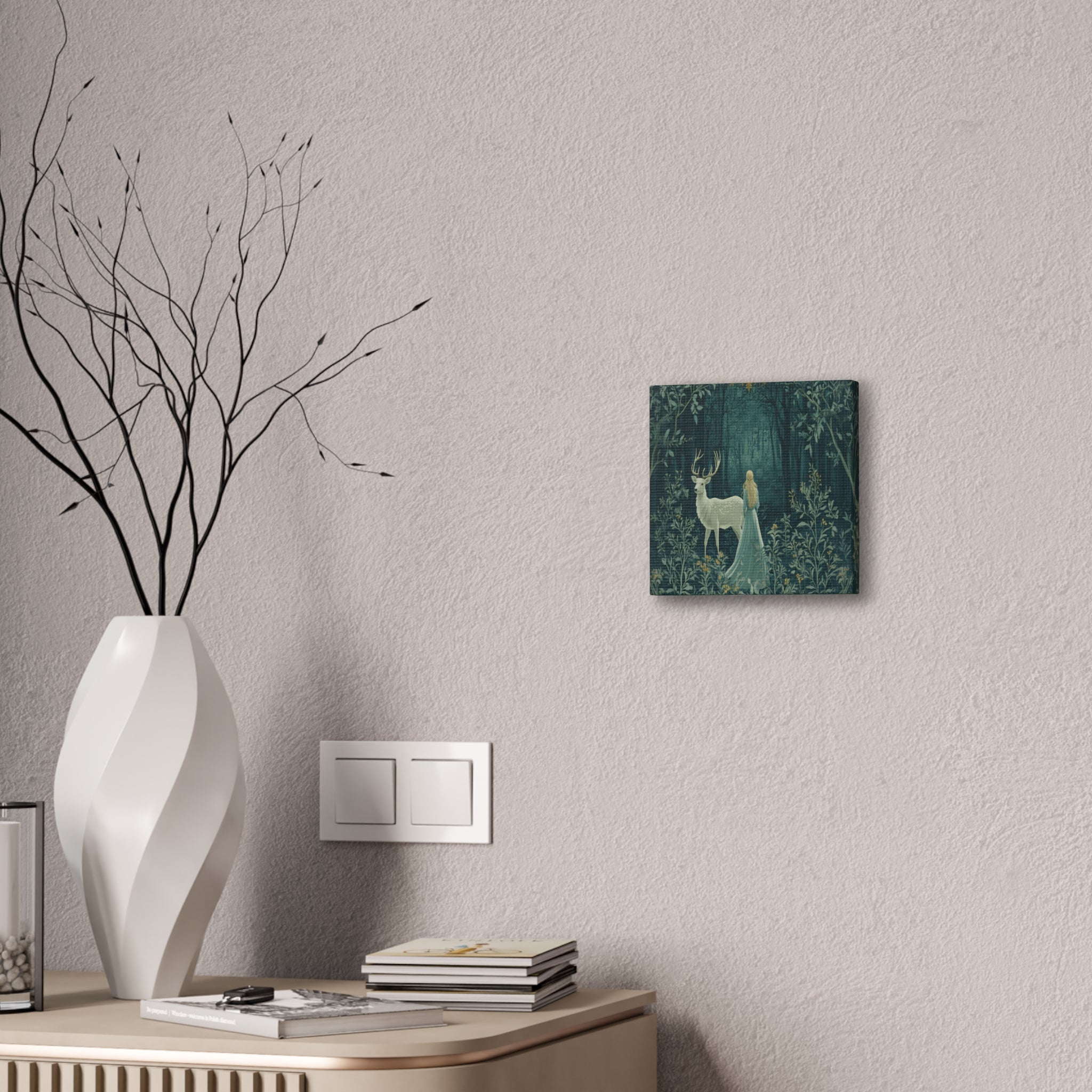 Enchanted Forest Stag & Maiden Canvas Wall Art Mystical Woodland Nature Lover Home Décor