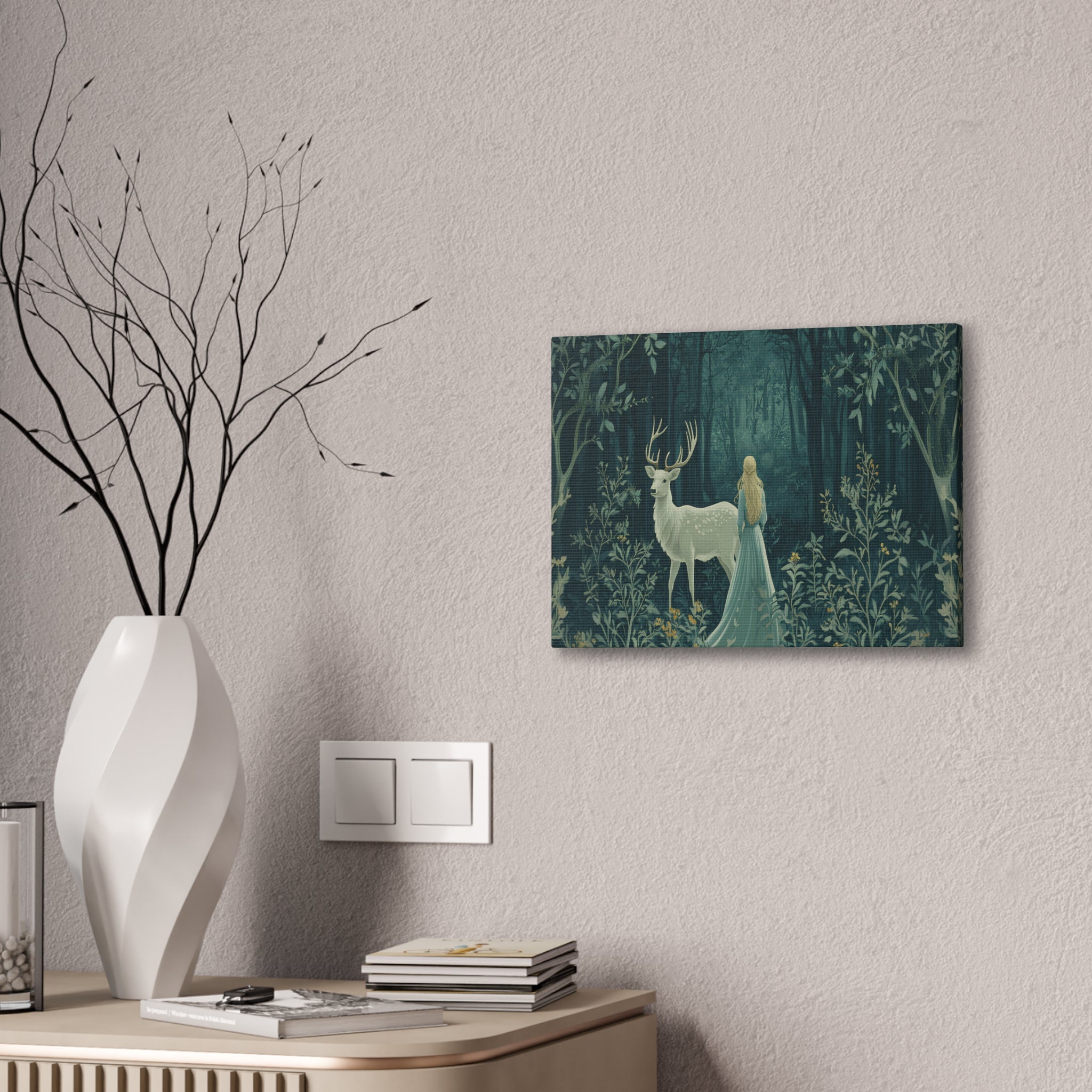 Enchanted Forest Stag & Maiden Canvas Wall Art Mystical Woodland Nature Lover Home Décor