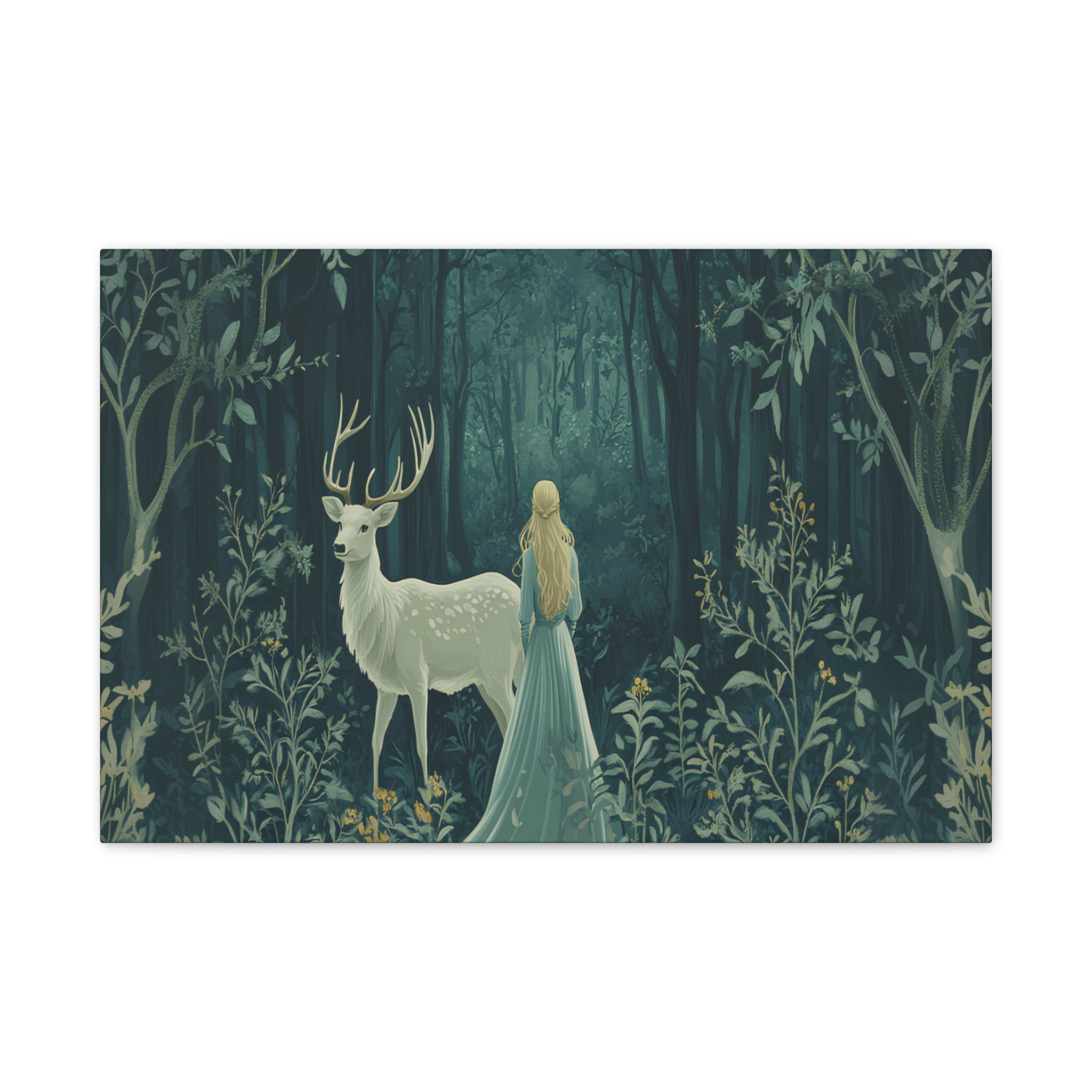 Enchanted Forest Stag & Maiden Canvas Wall Art Mystical Woodland Nature Lover Home Décor