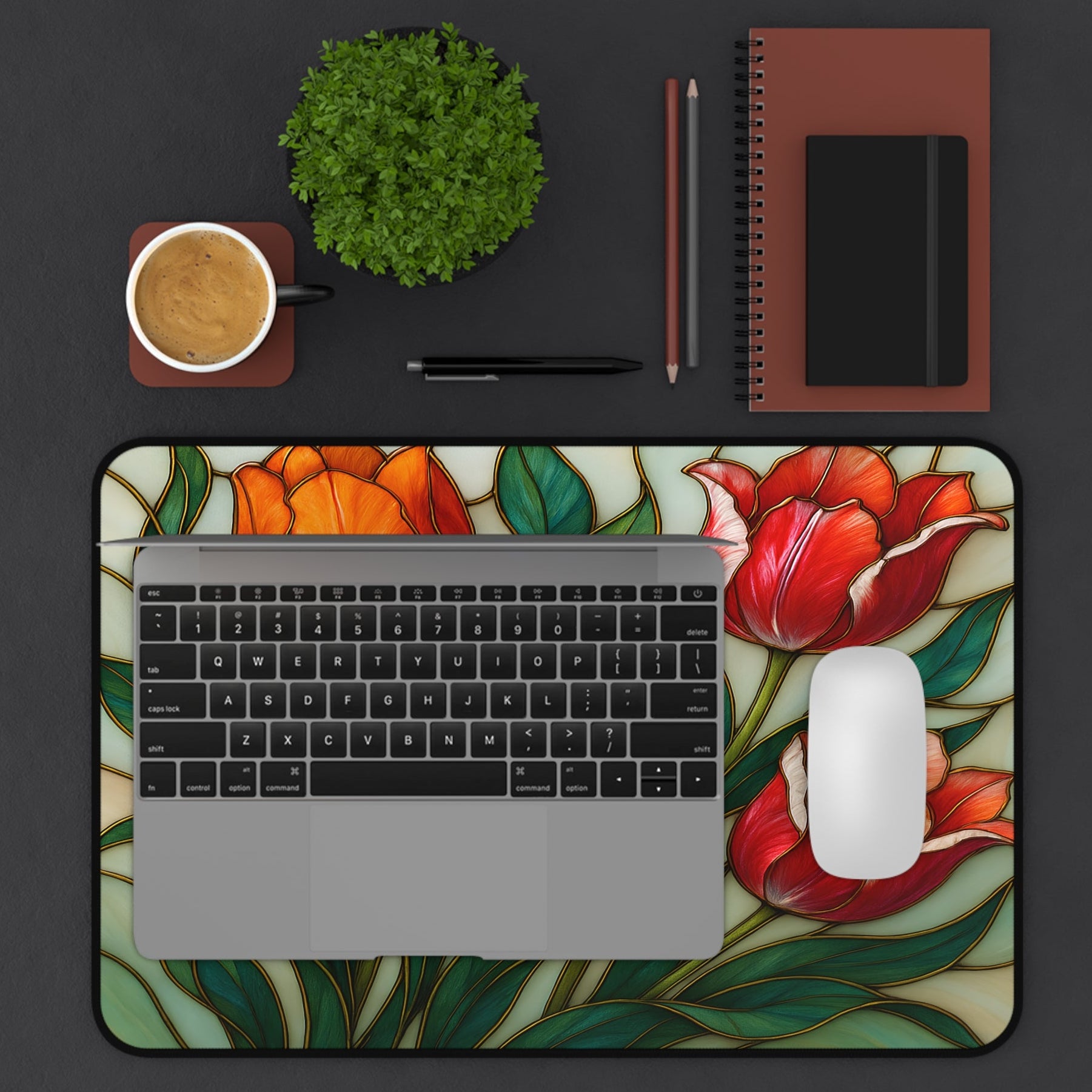 colorful tulip stained glass desk mat, floral gaming mouse pad for pc setups
