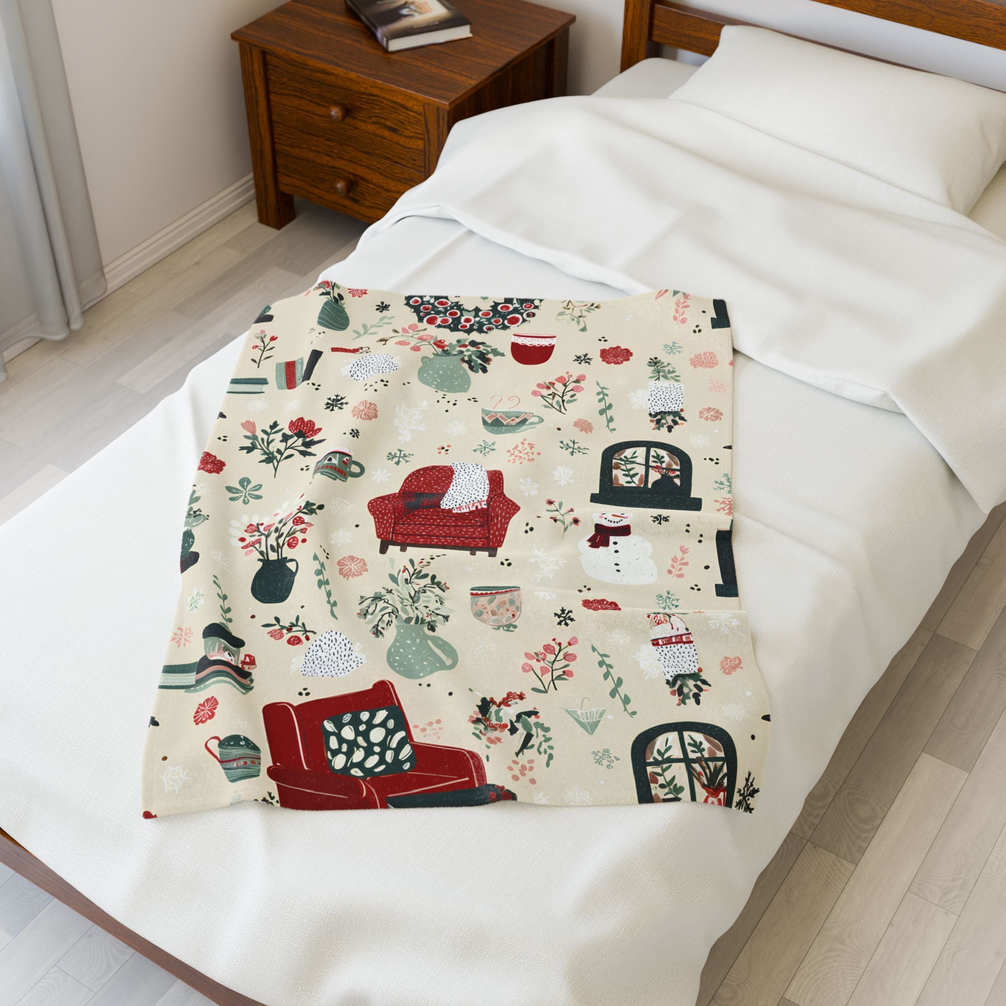 Velveteen Plush Christmas Blanket – Snowman Cocoa Floral Wreath Soft Cozy Holiday Throw