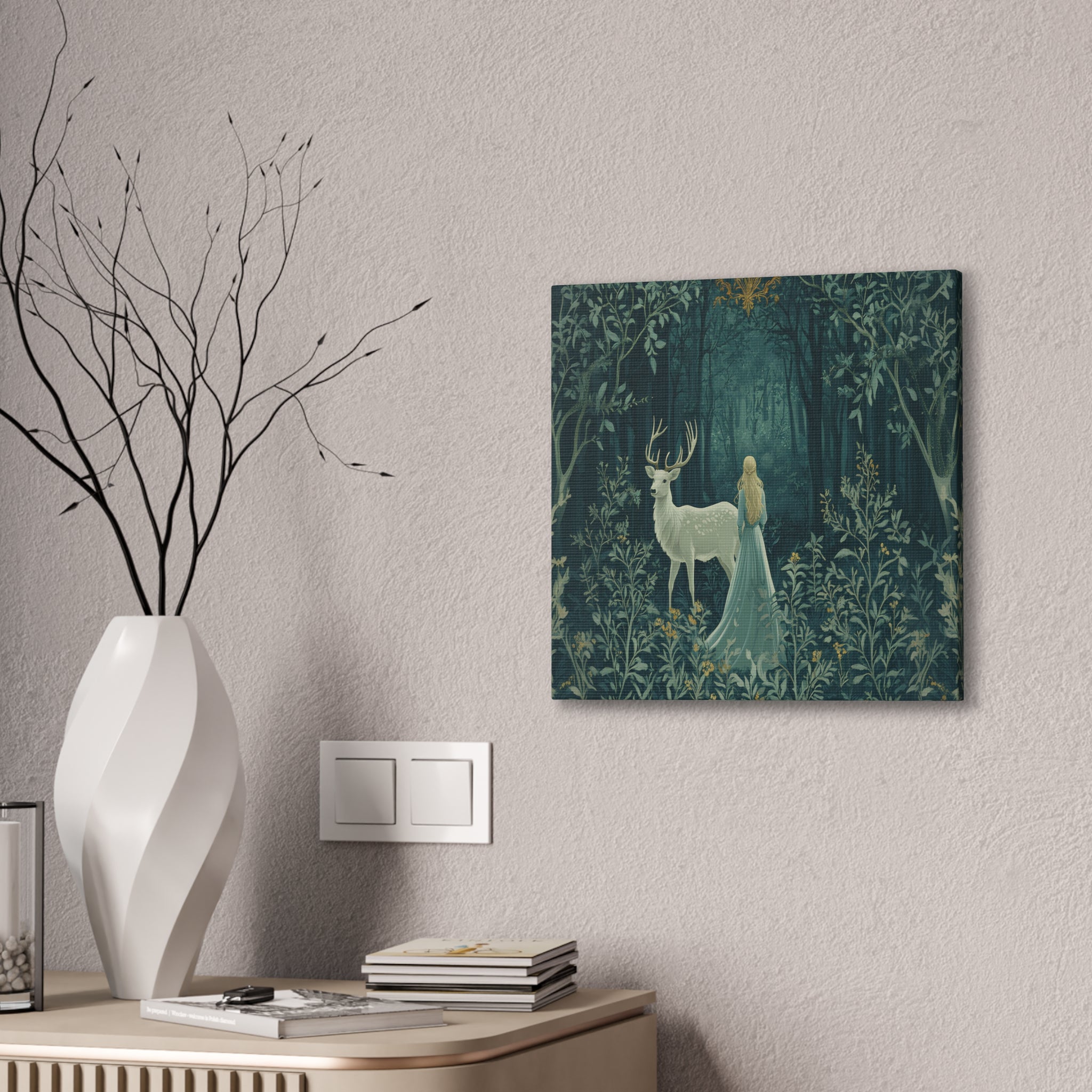Enchanted Forest Stag & Maiden Canvas Wall Art Mystical Woodland Nature Lover Home Décor