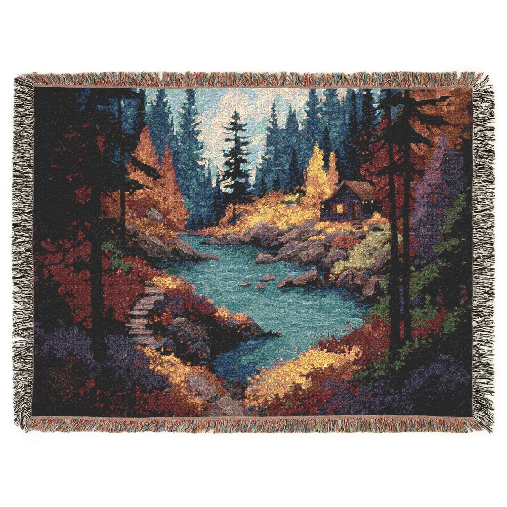 rustic cotton woven blanket with autumn leaves, cozy lodge decor blanket for sofas and beds, colorful rustic cabin woven tapestry blanket