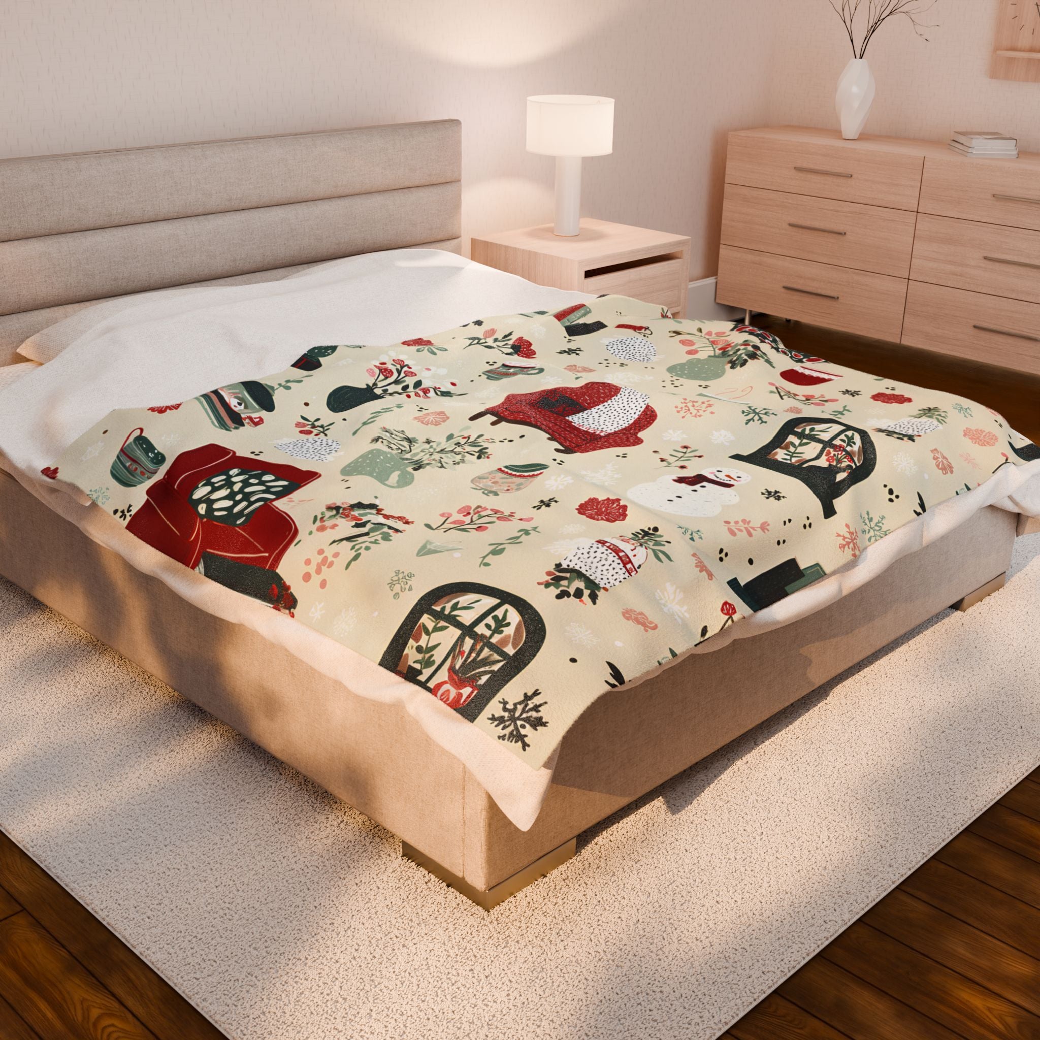 Velveteen Plush Christmas Blanket – Snowman Cocoa Floral Wreath Soft Cozy Holiday Throw