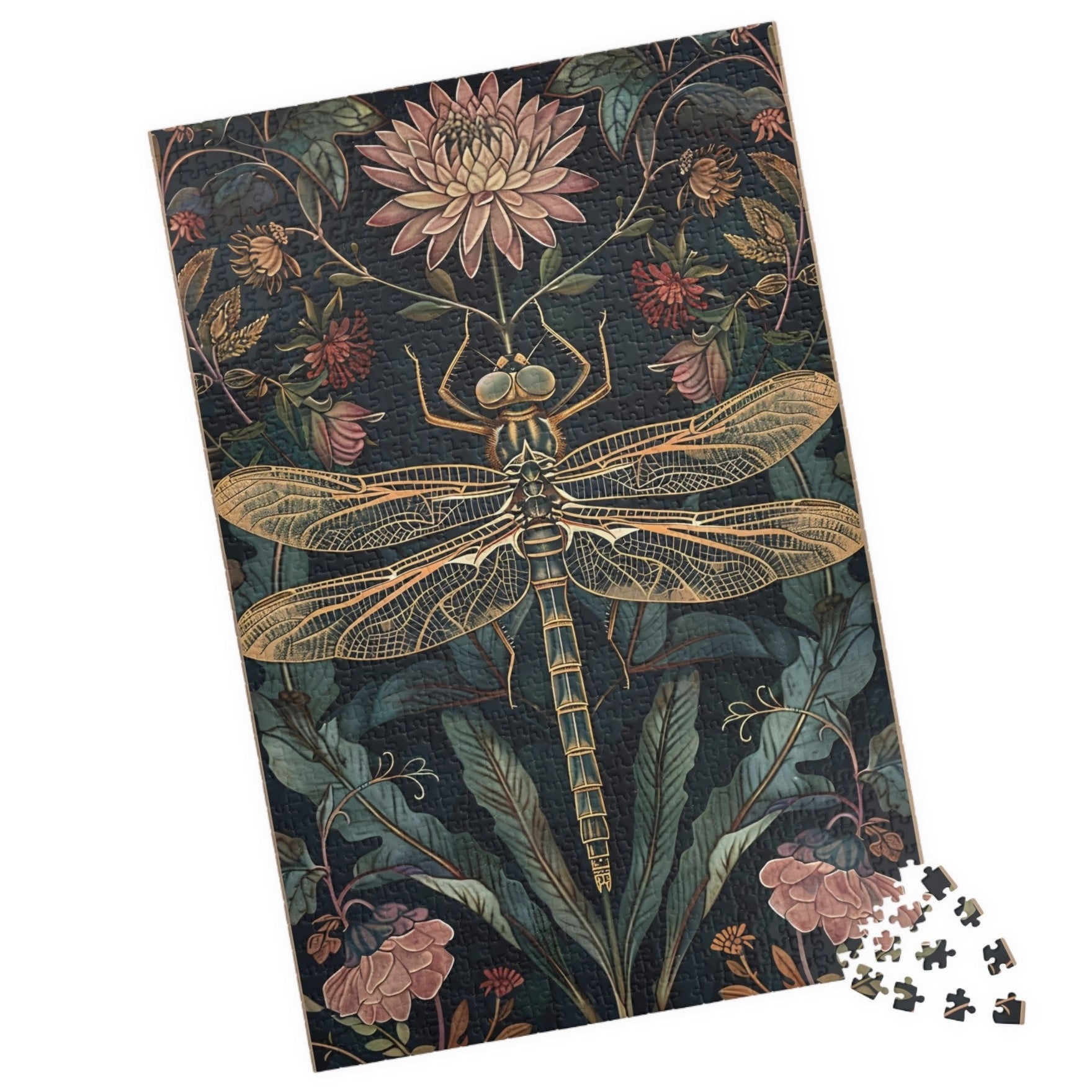 william morris style dragonfly floral jigsaw puzzle on dark botanical background, vintage dragonfly art jigsaw puzzle with flowers and leaves, cottagecore dragonfly puzzle with botanical illustration