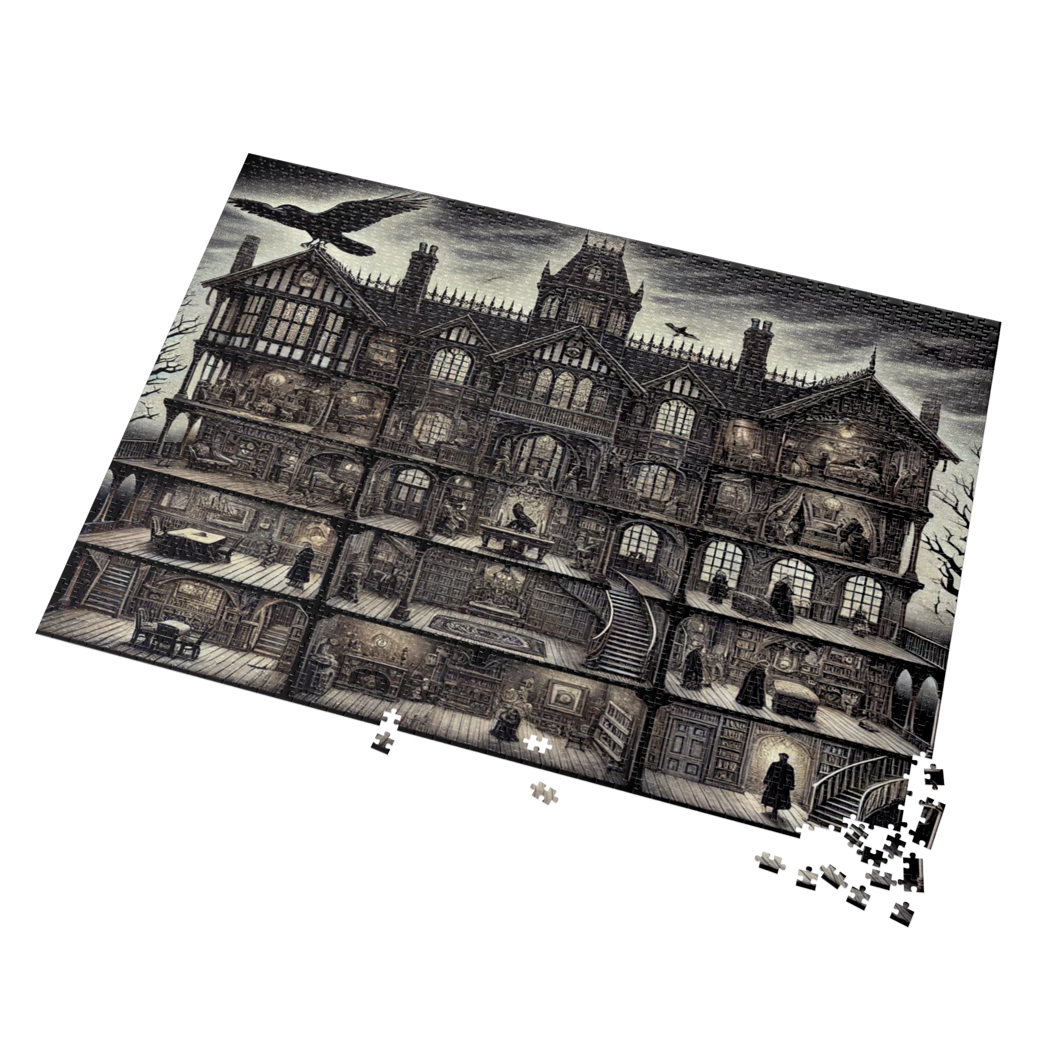 Edgar Allan Poe Haunted Mansion Puzzle Gothic Macabre Jigsaw for Adults, Spooky Raven Art Gift