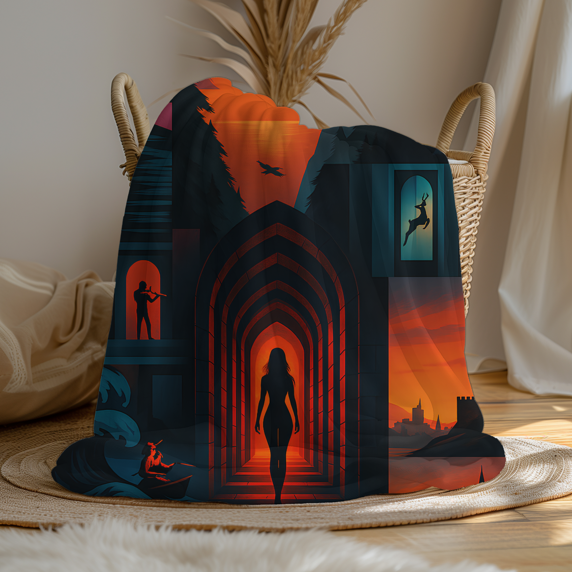 fantasy fleece blanket inspired by Aelin Galathynius,
Throne of Glass inspired fleece throw with warrior silhouette,