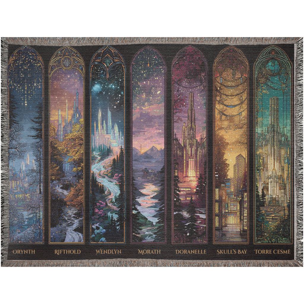 scenic tapestry blanket for book lovers, cozy reading nook fantasy blanket, woven cotton fantasy city throw blanket