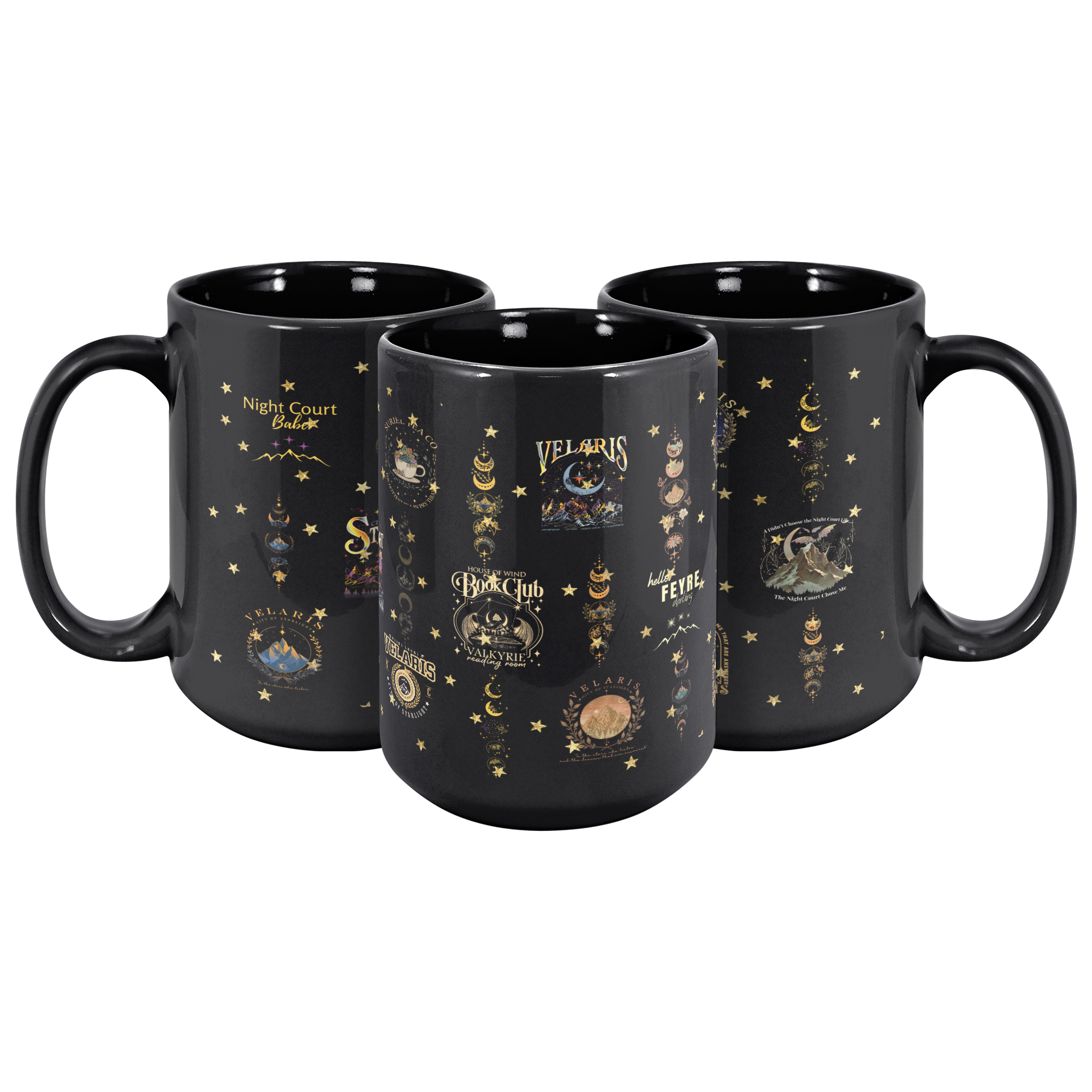 black celestial cup with moon phases, durable ceramic mug for readers, fantasy-themed coffee cup gift, celestial stars mug for cozy mornings