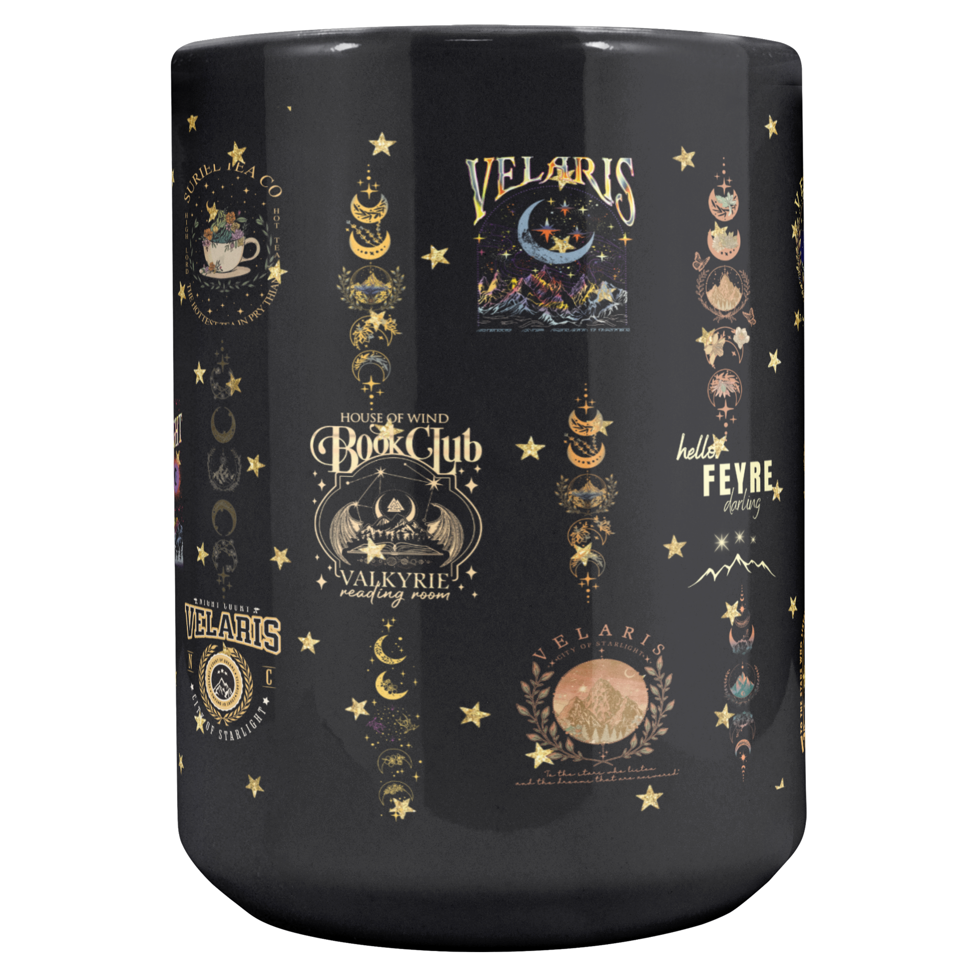 glossy black mug with moon and star design, elegant reader mug with gold artwork, cozy tea mug for book club nights, fantasy drinkware for readers and writers