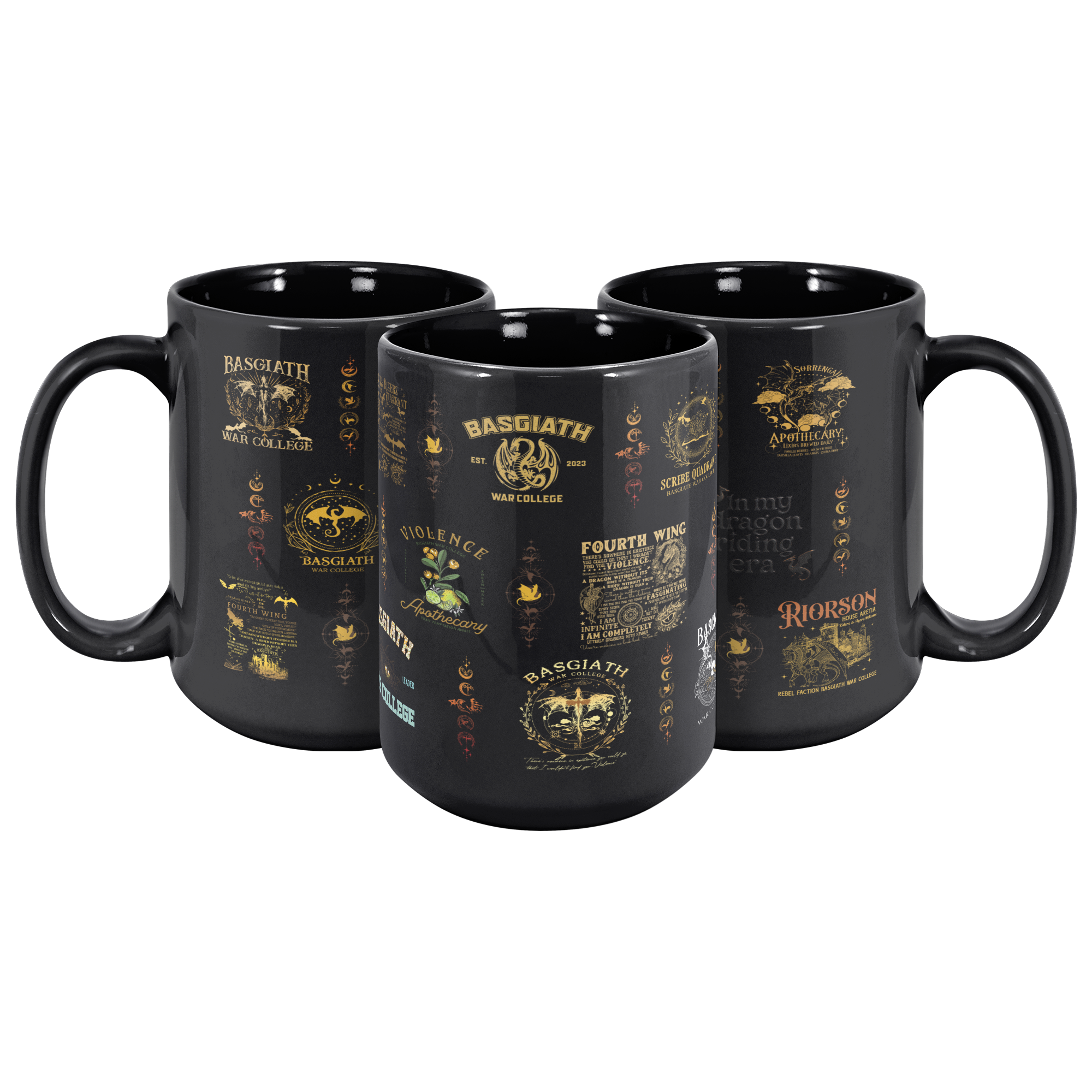 Basgiath War College mug with dragon art, glossy black fantasy mug with gold lettering, bookish mug for romantasy fans,