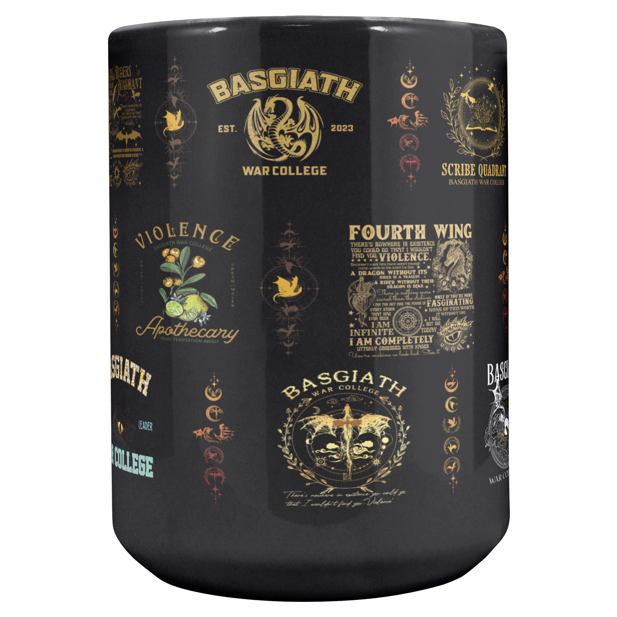 unique bookish coffee cup gift idea, glossy black mug with intricate fantasy designs, aesthetic mug for book club readers