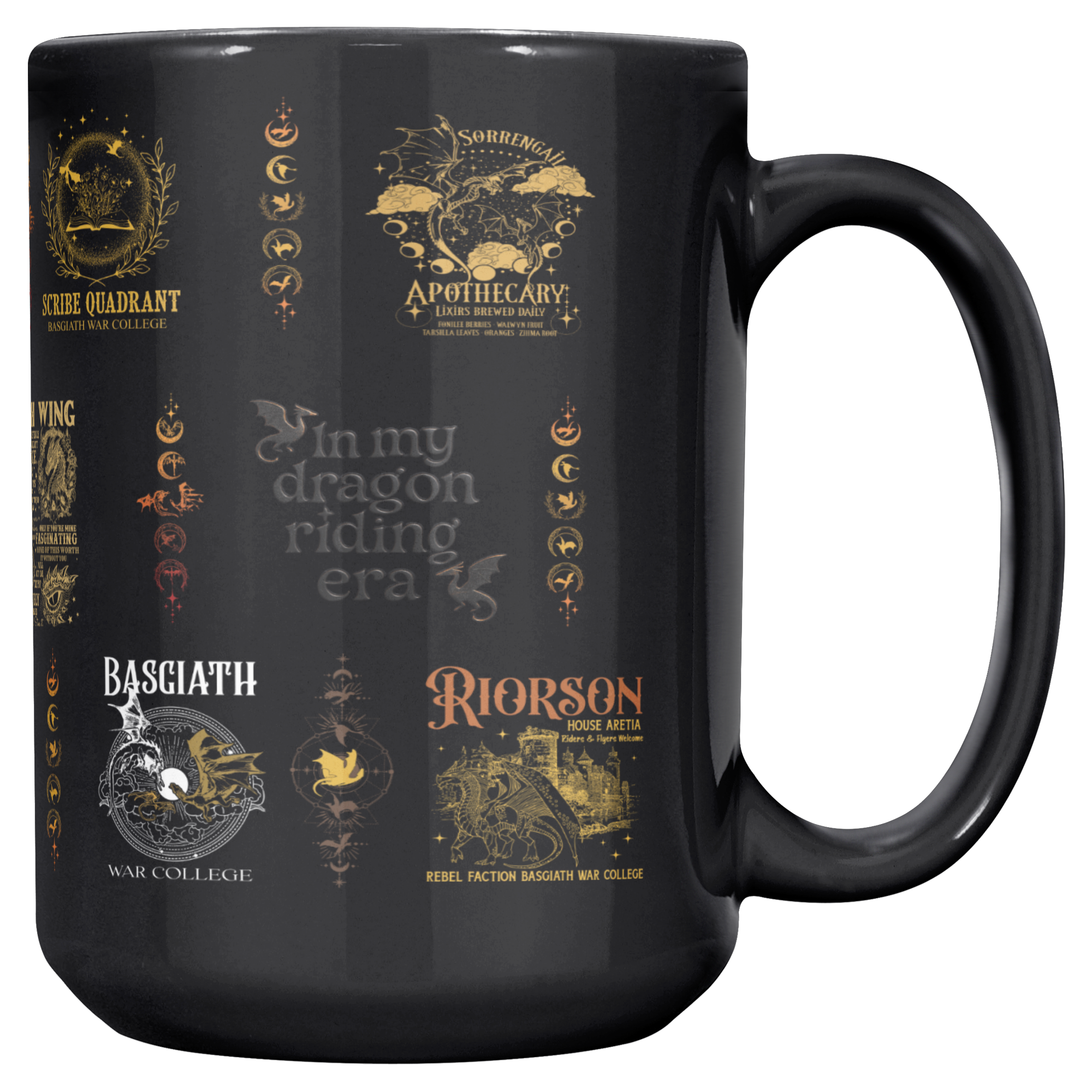 romantasy coffee mug for book lovers, Basgiath War College black mug gift, fantasy reader mug with gold design, cozy reading coffee cup for romantasy fans