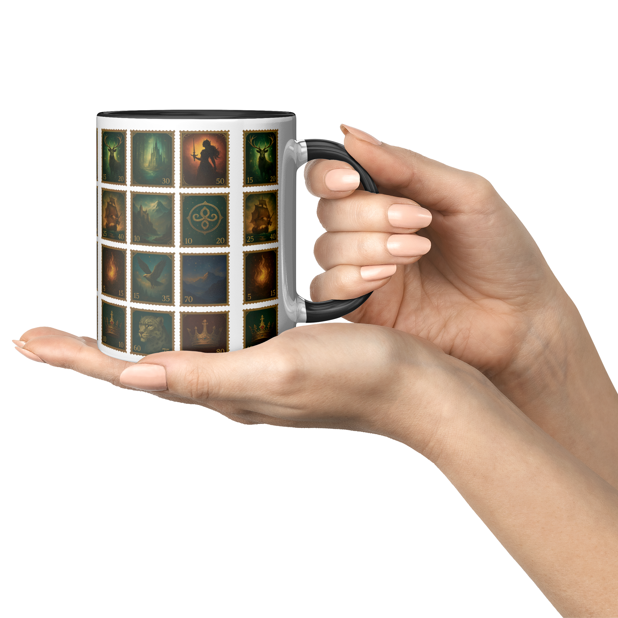 Throne of Glass themed coffee mug with stamp style fantasy art, book nook coffee mug inspired by Throne of Glass, Throne of Glass fantasy reader mug with collage artwork