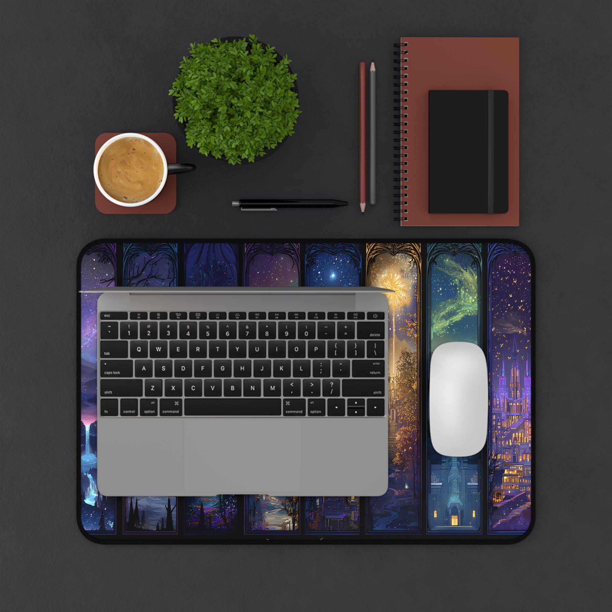 magical city skyline mouse pad for writers, large neoprene desk mat with stitched edges, aesthetic fantasy office decor for ACOTAR fans